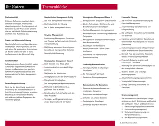 St. Galler Business School 15
Ihr Nutzen
Professionalität
Erfahrene Referenten, qualitativ hoch­
stehende Unterlagen, interessantes,
­abwechslungsreiches Detailprogramm mit
Fallstudien aus der Praxis sowie persönli-
che und individuelle Teilnehmerbetreuung
zeichnen diese Aus­bildung aus.
Praxis- und Wissenschaftsbezug
Sämtliche Referenten verfügen über einen
reichhaltigen Erfahrungsschatz: Sie sind
seit Jahren für renommierte Unternehmen
als Berater und Trainer oder in obers-
ten Funktionen in der Wirtschaft tätig.
Ganzheitlichkeit
Aufbau aus «einem Guss», inhaltlich sauber
aufeinander abgestimmte Schwerpunkt-
themen als «Bausteine» eines ganzheit-
lichen Führungskonzeptes gemäss dem
praxis­bewährten St. Galler Management-
Konzept.
Anwendungsorientierung
Nicht nur der Vermittlung, sondern der
Anwendung des erworbenen Wissens in
Ihrer Unternehmung gilt unsere besondere
Beachtung. Ein Grossteil der Präsenz-
zeit wird durch aktives Engagement der
Teilnehmer geprägt.
Ganzheitlicher Management-Erfolg
Das neue Management-Verständnis
Die Produktivität der Führung
Der St. Galler Management-Ansatz
Struktur-Management
Evolutionäres Management: Strukturen
und Prozesse als Spielregeln der Unterneh-
mensentwicklung
Die Bildung autonomer Unternehmens­-­
bereiche und marktgerechter Einheiten
Geschäftsfeld-Gliederung
Strategisches Management Ebene 1
Dank Visionen neue Wege gehen
Innovationskraft als zentrales Erfolgs-­
potential
Die Gesetze der Substitution
Strategieplanung mit der Erfahrungskurve
Die optimale Betriebsgrösse
Das Management der Kernkompetenzen
Die Kunst, im Zeitwettbewerb zu
gewinnen: Time to Market
Benchmarking: Auf der Suche nach den
«Best Practices»
Strategien und Organisationsformen,
die die Gewinnschwelle tief halten
Strategisches Management Ebene 2
Marktpositionen analysieren und darstellen
Markt-, Technologie-, Wettbewerbs- und
Branchensituationen einschätzen
Portfolio-Management richtig eingesetzt
Neue Märkte und Erschliessung unbekannter
Zielgruppen
Preisaggressive Strategien werden möglich
dank Kostenvorteilen
Neue Regeln im Wettbewerb:
Mass Customization – Value Chain
­Intelligence
Instrumente zur internationalen
­Standortbeurteilung
Leadership/Kommunikation
Führungsverhalten in schwierigen ­
Situationen
Die Führungskraft als Coach
Persönliche Führungskompetenz
Kommunikation für Executives
Elemente der kommunikativen und
emotionalen Kompetenz
Durchführen von Verhandlungen
Verhalten bei unfairer Dialektik
Psychologische Grundlagen
Schwierige Gespräche meistern
Finanzielle Führung
Die finanzielle Gesamtverantwortung des
Executive Managements
Zusammenhänge zwischen Bilanz und
­Erfolgsrechnung
Die wichtigsten Kennzahlen zu Rentabilität
und Stabilität
Ergebnisse unterschiedlicher Branchen und
Unternehmen: Praxisbeispiele und neueste
Erkenntnisse
Konkurrenzanalysen dank richtiger Interpre-
tation veröffentlichter Geschäfts­berichte
Der Cash Flow als wesentliche finanzielle
Grösse: Anwendungsmöglichkeiten
Finanzielle Eckwerte vorgeben und
­kontrollieren – Der MER
Ableitung von operativen Jahresbudgets aus
den strategischen Eckwerten
Moderne Kosten- und Leistungs­
rechnungssysteme
Aktuelle Rechnungslegungsvorschriften
Strategische Frühwarnkonzepte
Griffige Controlling-Instrumente für
­Executives
Gewinnmanagement
Die Instrumente zur nachhaltigen Ertrags­
verbesserung durch Bestimmung und Analyse
der wichtigsten «Value- and Cost-Drivers»:
1.	 Umsatzsteigerungspotentiale erkennen
2.	Kostensenkungsmanagement
3.	 Deckungsbeitragssteigerung und
		 Margenverbesserung
4.	 Den Kapitaleinsatz optimieren
Themenblöcke
 