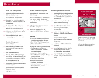 St. Galler Business School 19
Themenblöcke
Struktur- und Prozessmanagement
Möglichkeiten zur Strukturierung einer
Unternehmung
Organisationskonzepte auf dem Prüfstand:
Profit-Center, Produkt-Management,
­strategische Geschäftseinheiten und Selb-
storganisation
Organisation von heute: Methoden der
Value Chain Intelligence
Nutzen von Outsourcing und Re-
engineering: Variabilisierung von Kosten
Leadership
Steuerung der Chef/Mitarbeiter-Effizienz
1.	 Der Gestaltungsspielraum des Chefs
2.	 Die richtigen Mitarbeiter als Schlüssel
3.	 Führen statt ausführen
Methoden der Mitarbeiterleistungslenkung
1.	 Das Management by Objectives
	 (MBO): Ziele definieren, Ziele kom-
	 munizieren, Feedback
2.	 Das effektive Mitarbeitergespräch
3.	 Human-Potential nutzen dank Manage-
	 ment Development
4.	 Teambildung, Teamführung
Persönlicher Führungserfolg
1.	 Die eigene Führungsrolle
2.	 Resultatorientiert kommunizieren
3.	 Soziale Kompetenz gewinnen
4.	Arbeitstechnik
Finanzmanagement, Rechnungswesen
Ergebnisverantwortung wahrnehmen und
Ertragskraft nachhaltig beeinflussen:
Die zentralen Orientierungsgrössen für
Führungskräfte
Analyse und Aussagekraft von Bilanz,
Gewinn- und Verlustrechnung
Planung, Budgetierung, Kalkulation
Finanzmanagement: Cash Flow,
Free Cash Flow
Kosten- und Leistungsrechnung:
­Vollkosten-, Teilkosten- und Plankosten­
rechnung
Neue Instrumente: Vorgehen
bei Activity Based Costing und Prozess-
management
Investitions- und Wirtschaftlichkeits-
rechnungen
Controlling: Zusammenarbeit zwischen
Manager und Controller, Umgang
mit Abweichungen, Berichtswesen
Integration des finanzwirtschaftlichen
Konzeptes in das Gesamtunternehmens-
system
Das St. Galler Führungsmodell
Bausteine erfolgreicher evolutionärer
Unternehmenssteuerung
Das ganzheitliche Führungsmodell
Grundlagen der Unternehmenspolitik:
­Vision, Kultur, Strategie und Struktur im
Zusammenspiel
Die strategischen «Muss-Analysen»
Methodik der Strategieformulierung
Evaluierung von Fähigkeiten und Aufbau
von Kernkompetenzen
Überführung strategischer Pläne in
Budgets und griffige Massnahmenpläne
Marketing Management,
Customer Focus
Gesetzmässigkeiten für Markterfolg:
Das Kundenbedürfnis als tragendes
­Kernstück
Total Quality Management
Produkt-, Markt- und Absatzstrategien: 	
Innovationen, neue Kundensegmente und
alternative Vertriebswege aktiv angehen
Der optimale Marketing-Mix
Steuerung der Kundenzufriedenheit durch
Servicemanagement
Preisstrategien im Spannungsfeld von
­Umsatz und Kosten
Verkaufsmanagement
Das Seminar wird an die Ausbildung
«Dipl. Betriebswirtschafter/in SGBS®»
angerechnet.
Verlangen Sie nähere Informationen
im Sekretariat: diplome@sgbs.ch
Dipl. Betriebswirtschafter/in
SGBS®
St. Galler Business School
DIPLOMAUSBILDUNGEN FÜR MANAGER/INNEN
Master Diplome St.Gallen
Nächste Studienbeginne:
Die Diplomlehrgänge der St.Galler Business School
– Anspruchsvolle und praxisnahe Aus-  Weiterbildung
– Diplomabschluss SGBS
– Basierend auf dem bewährten St.Galler Management-
Konzept
– Unter Wissenschaftlicher Leitung der St.Galler Business School
2016-17
4. Januar 2016
4. April 2016
4. Juli 2016
3. Oktober 2016
 