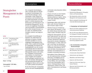 28
Konzeption
Wer strategische Entscheidungen
trifft, entscheidet über die Zukunft.
Strategische Entscheidungen sind
immer Weichenstellungen. Um he-
rauszufinden, welche Zukunft für
­Unternehmen und Geschäftsbereiche
die ­erfolgversprechendste sein könnte,
bedarf es vertiefter Kenntnisse über
Mechanismen und Wirkungsweise des
Strategischen ­Managements. Top-Re-
ferenten mit lang­jäh­riger Praxiserfah-
rung und profunder ­wissenschaftlicher
Basis stellen Strategie-Konzepte vor.
Sie zeigen, wie ­zukunfts­weisende
Strategien erarbeitet und um­gesetzt
werden.
Die strategische Gesamtführung ist
Chef­sache. Die vorbereitende Aus-
arbeitung von Analysen, Strategie-
Entwürfen und Plänen ist zwar an
nachgelagerte Führungsebenen dele-
gierbar. Nicht ­so jedoch die Beurteilung
der Ausgangslage, das Erkennen des
Handlungsbedarfs sowie die zentralen
Entschei­dungen über die Zukunft des
Unternehmens. Gesamtverantwortliche
Führungskräfte kommen nicht umhin,
ihre «Leitplanken-Verantwortung»
wahrzunehmen. Erst durch klare nor-
mative Vorgaben und strategische
Weichenstellungen entstehen jene Frei-
räume, die Dynamik, Selbstorganisation
und unternehmerische Resultate auf
nach­gelagerten Ebenen nicht nur zulas-
sen, sondern geradezu herausfordern.
Bei der Beurteilung der Ausgangslage
und des relevanten Handlungsbedarfs
sind beinahe schon klassische «Fallen»
zu umgehen:
Chancen, die sich aus neuen Kunden­
bedürfnissen, Technologien und
Marktkonstellationen ergeben, dürfen
nicht ­wegen ­zögerlichen Verhaltens
verpasst werden.
Bedrohungen sollten nicht nach dem
Motto «sehe ich keine Probleme, so
habe ich keine» negiert werden.
Wird der Zwang zur Veränderung
dann ­er­kannt und akzeptiert, so darf
die zeit­liche Brisanz keinesfalls unter-
schätzt werden. Oft bleibt wenig Zeit.
Erfolgreiche Führungskräfte sind sich
dieser Fallen bewusst. Sie stellen sich
diesen Herausforderungen. Basierend
auf dieser akzeptierten Lagebeurtei-
lung sind die zentralen strategischen
Entscheidungen zu treffen. Dabei han-
delt es sich immer um Weichenstel-
lungen. Sie werden die Entwicklungs-
richtung des Unternehmens, die Po-
sition am Markt, ­Unternehmenswert,
Sicherheit und Attrak­tivität der Ar-
beitsplätze entscheidend bestimmen.
Dazu gehören Vision, ­Mission, prä-
zise und implementierbare Strategien,
­Innovation, Verteidigung und Aus-
bau der Marktpositionen, Einstieg
in neue Märkte, Start-up-­Geschäfte,
­Investi-tions-Schwerpunkte und Fi-
nanzen, Strukturgestaltung, Firmen-
akquisitionen, Verkauf, ­Fusion, Alli-
anzen, Unternehmenswert und Human
Resources.
1. Strategische Führung
Ganzheitliches Management: Philosophie,
Inhalte und Praxisanwendung
Wie Komplexität entsteht und wo das
­Management der Komplexität ansetzt
Warum strategische Entscheidungen oft
­irreversible Weichenstellungen sind
2. Ausgangslage und Handlungsbedarf
Warum eine falsche Lagebeurteilung die
Unternehmenszukunft gefährdet
Wie mit Hilfe eines «Navigationssystems»
eine Sackgassen-Strategie vermieden wird
Welche Analysemethoden Sinn machen
Wie fundamentale Fehler in der Lage­
beurteilung aufgedeckt werden
3. Die entscheidenden strategischen
­Weichenstellungen
Strategien zur Zukunftssicherung: ­
Was funktioniert, was nicht
Innovator oder schlauer Nachahmer
Vollsortimenter oder Spezialist
Marktführer oder Nischen-Player
Expansion oder Konzentration
Zukauf von Firmen oder Zukauf von
­Human-Potential
Wachstum dank Partnerschafts- und
­Beteiligungsmodellen
Strategisches
Management in der
Praxis
Themenblöcke
2016
Nr. 31116 1. Durchführung 2016
13.–16. Juni 2016
Luzern
Nr. 31216 2. Durchführung 2016
7.–10. November 2016
Luzern
2017
Nr. 31117 1. Durchführung 2017
19.–22. Juni 2017
Luzern
Nr. 31217 2. Durchführung 2017
6.–9. November 2017
Luzern
Dauer: 1x4 Tage
Seminargebühr*: CHF 4900.–
* zzgl. 8% MwSt.
2016
Nr. 31116 1. Durchführung 2016
13.–16. Juni 2016
Luzern, Hotel Palace
Nr. 31216 2. Durchführung 2016
7.–10. November 2016
Luzern, Hotel Palace
2017
Nr. 31117 1. Durchführung 2017
19.–22. Juni 2017
Luzern
Nr. 31217 2. Durchführung 2017
6.–9. November 2017
Luzern
Dauer: 1x4 Tage
Seminargebühr*: CHF 4900.–
* zzgl. 8% MwSt.
 