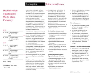 St. Galler Business School 29
Konzeption
Im Mittelpunkt des 4-tägigen Seminars
«Hochleistungsorganisation – World Class
Company» steht ein systematisches struktur-
und prozess­orientiertes Konzept zur Leis-
tungs- und Resultatoptimierung eines
Unternehmens oder Geschäftes.
Ziel dieses Executive-Seminars ist, konkrete
Handlungsoptionen und Massnahmen zur
Ausrichtung einer Unternehmung auf «World
Class Niveau» zu diskutieren und auf den
Prüfstand zu stellen. Anhand zahlreicher Ver-
gleiche mit den erfolgreichen Unternehmen
einer Branche wird aufgezeigt,
welche Konzepte und Vorgehensweisen sich
bei führenden Unternehmen bewährt haben
wie eine markante Verbesserung hinsichtlich
economies of scale, scope und Zeit dank
evolutionärer oder radikaler Neudefinition
von Prozessen und Strukturen entsteht
wie Qualitätsmanagement richtig eingeführt
und weiterentwickelt wird
wie Innovationspotential konsequent er-
schlossen und die Produkteentwicklung dem
Zeitwettbewerb angepasst werden kann
welche Hemmnisse zu beseitigen sind, um
das volle Leistungspotential von Mitarbei-
tern zu erreichen sowie
welche Umsetzungshürden auf dem Weg zu
einer «neuen» Organisation zu bewältigen
sind.
Die erfahrenen Referenten genügen höchs-
ten Anforderungen und repräsentieren den
neuesten Stand des Managementwissens.
Das Seminar ist von ihnen aus der Praxis
für die Praxis entwickelt worden. Die ver-
mittelten Erkenntnisse werden methodisch-
instrumentell unterlegt.
Führungskräfte der oberen Ebenen, die
­einen umfassenden Überblick über die
neuesten Möglichkeiten ganzheitlicher
­Unternehmensführung erhalten wollen.
Geschäftsbereichs-, Business Unit-Ver-
antwortliche und Profit-Center-Leiter, die
praktische Umsetzungsmöglichkeiten zur
Performancesteigerung ihres Verantwor-
tungsbereichs suchen.
Verantwortliche von Zentralfunktionen, die
wichtige Gestaltungs- und Entwicklungs-
aufgaben wahrnehmen.
Der World Class Company-Ansatz
1. Performanceorientierte Unternehmens-
führung: Der verschärfte Wettbewerb
als Auslöser
2. Das Netzwerk der ganzheitlichen
Unternehmenssteuerung
3. Konzeptionelle und methodische
Grundlagen
4. Strukturgestaltung und Fähigkeitsent-
wicklung: Wie vorgehen? Der Weg zu
Innovationsführerschaft
5. Schlankes Management als Wachstums-
bremse?
Erfolgsversprechende Strukturen,
­Organisationskonzepte  Prozesse
1. Methoden und Instrumente zur Neu­
gestaltung von Geschäftsprozessen
2. Gefahren im Reengineering-Prozess
3. Beispiele erfolgreicher Reengineering-
Projekte
4. Neue Aspekte des Outsourcings:
Das virtuelle Unternehmen
5. Wettstreit der Kompetenzen: Evaluation
der eigenen Kernkompetenzen
6. Total Quality Management als Instru-
ment zur vollständigen Kundenausrich-
tung und Kostensenkung: Aufbau und
Unterhalt wirkungsvoller QM-Systeme
am Beispiel multinationaler Top-Firmen
Change Management
1. Das Potential echter sich selbst führen-
der Teams: Das Paradigma der Selbst­
organisation in Gruppen
2. Die Rolle des Managements bei der
­Förderung des Human-Potentials
3. Der Schlüsselfaktor Sozialkompetenz
4. Die Elemente des Change Managments:
Synthese von Bewährtem und Neuem
5. Die Methodik eines Effizienz-Audits
6. Kreation von Tatendrang und Dynamik
7. Entwicklungsprozesse professionell
managen
Umsetzung in die Praxis – Implementierung
1. Die bestehende Kultur im Hinblick auf
Veränderungen erfassen und abbilden
2. Das St. Galler Implementierungs-Baro-
meter: Barrieren und Hemmnisse auf
dem Weg zu neuen Kulturen und Struk-
turen vorab erkennen.
3. Dank vorgelebten neuen Werten und
Verhaltensänderungen zu einer verände-
rungsorientierten Kultur
Hochleistungs­
organisation –
World Class
­Company
Teilnehmer/innen
2016
Nr. 32216 2. Durchführung 2016
27.–30. Juni 2016
Flims
Nr. 32316 3. Durchführung 2016
17.–20. Oktober 2016
St.Gallen
2017
Nr. 32117 1. Durchführung 2017
6.–9. März 2017
Flims
Nr. 32217 2. Durchführung 2017
26.–19. Juni 2017
Flims
Nr. 32317 3. Durchführung 2017
16.–19. Oktober 2017
St.Gallen
Dauer: 1x4 Tage
Seminargebühr*: CHF 4900.–
* zzgl. 8% MwSt.
2016
Nr. 32216 2. Durchführung 2016
27.–30. Juni 2016
Flims, Hotel Adula
Nr. 32316 3. Durchführung 2016
17.–20. Oktober 2016
St.Gallen, Radisson Blu
2017
Nr. 32117 1. Durchführung 2017
6.–9. März 2017
Flims
Nr. 32217 2. Durchführung 2017
26.–19. Juni 2017
Flims
Nr. 32317 3. Durchführung 2017
16.–19. Oktober 2017
St.Gallen
Dauer: 1x4 Tage
Seminargebühr*: CHF 4900.–
* zzgl. 8% MwSt.
 
