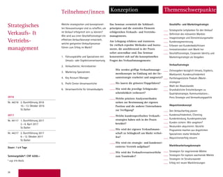 36
Strategisches
Verkaufs- 
Vertriebs-
management
Teilnehmer/innen
Welche strategischen und konzeptionel-
len Voraussetzungen sind zu schaffen, um
im Verkauf erfolgreich sein zu können?
Wie wird aus einer Ge­schäfts­strategie ein
­effektives Verkaufs­konzept entwickelt,
­welche geeigneten ­Verkaufsprozesse
führen zum Erfolg im Markt?
1.	 Führungskräfte und Spezialisten mit
Umsatz- oder Ergebnisverantwortung
2.	 Verkaufsleiter, Vertriebsleiter
3.	Marketing-Spezialisten
4.	 Key Account Manager
5.	 Profit Center-Verantwortliche
6.	 Verantwortliche für Umsatzbudgets
Geschäfts- und Marketingstrategie
Strategische Leitplanken für den Verkauf
Definition des relevanten Marktes
Imagestrategie und Dienstleistungsmarke
Kundensegmentierung
Erfassen von Kundenbedürfnissen
Innovationsideen vom Markt her
Geschäftsstrategie, Corporate Identity und
Marketingstrategie als Vorgaben
Verkaufsstrategie
Zielvorgaben bezüglich Umsatz, Ergebnis,
Marktanteil, Kundenzufriedenheit
Portfoliogestützte Produkt-/Markt­
strategien
Wahl der Absatzkanäle
Grundsätzliche Entscheidungen zu
­Qualitätsstrategie, Kommunikations-,
Preis-Strategie und Vermarktungspolitik
Akquisitionskonzept
Den Verkaufserfolg planen
Kundenzufriedenheit, Clienting
Kundenbindung, Kundenpotenziale
Kunden sichern: Wie vorgehen?
Neukunden akquirieren: Gezielte
Programme machen aus ängstlichen
Spezialisten starke Verkäufer
Akquisitionserfolg steuern
Marktbearbeitungskonzepte
Strategien für stagnierende Märkte
Strategien für explosiv wachsende Märkte
Strategien im Strukturwandel
Erfolg mit neuen Marktleistungen
Das Seminar vermittelt die Schlüssel­
prinzipien und die zentralen Elemente
­erfolgreichen Verkaufs- und Vertriebs­
managements.
Am Lehrgang erfahren und trainieren
Sie vielfach erprobte Methoden und Instru-
mente, die anschliessend in der Praxis
sofort anwendbar sind. Das Seminar
konzentriert sich auf die konzeptionellen
Fragen des Verkaufsmanagements:
Wie werden griffige Verkaufs­manage­
ment­konzepte im Einklang mit der Ge-
samtstrategie erarbeitet und um­gesetzt?
Wo lauern die grössten Flopgefahren?
Wie wird die jeweilige Erfolgswahr-
scheinlichkeit verbessert?
Welche präzisen Analysemethoden
­stehen zur Bestimmung der eigenen
Position und die anderer Unternehmen
zur Verfügung?
Welche kundenspezifischen Verkaufs­
strategien haben sich in der Praxis
­bewährt?
Wie wird der eigenen Verkaufsmann-
schaft zu Schlagkraft am Markt verhol-
fen?
Wie wird ein strategie- und kundenori-
entierter Vertrieb aufgebaut?
Wie wird der Verkaufsverantwortliche
zum Teamleader?
Konzeption Themenschwerpunkte
2016
Nr. 44216 2. Durchführung 2016
10.–13. Oktober 2016
St.Gallen
2017
Nr. 44117 1. Durchführung 2017
3.–6. April 2017
St.Gallen
Nr. 44217 2. Durchführung 2017
9.–12. Oktober 2017
St.Gallen
Dauer: 1x4 Tage
Seminargebühr*: CHF 4200.–
* zzgl. 8% MwSt.
 