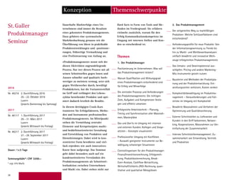 38
St. Galler
Produktmanager
Seminar
Themenschwerpunkte
Dauerhafte Markterfolge eines Un-
ternehmens sind immer die Resultate
eines gekonnten Produktmanagements.
Dazu gehören eine systematische
Marktbeobachtung genauso wie die
Überführung von Ideen in praktikable
Produktentwicklungen und -positionie-
rungen, frühzeitige Vermarktung und
eine Profitsteuerung von Anfang an.
«Produktmanagement» nennt sich der
diesen Aktivitäten zugrundeliegende
Prozess. Nur wer diesen Prozess mit all
seinen Schnittstellen gegen Innen und
Aussen schneller und qualitativ hoch-
wertiger zu meistern vermag, setzt sich
gegen Wettbewerber durch, bewältigt
Produktkrisen, hat die Variantenvielfalt
im Griff und verlängert den Lebens-
zyklus bestehender Produkte und opti-
miert dadurch letztlich die Rendite.
In diesem dreitägigen Crash-Kurs
trainieren Sie Erfolgsfaktoren, Metho-
den und Instrumente professionellen
Produktmanagements. Im Mittelpunkt
stehen die Vermittlung zentraler
Elemente und Kernprinzipien markt-
und bedürfnisorientierter Gestaltung
und Entwicklung von Produkten und
Dienstleistungen. Dabei wird in kon-
zentrierter Form bewährtes und viel-
fach erprobtes wie auch innovatives
Know-how aufgezeigt. Das Seminar
geht dabei besonders auch auf ein
kundenorientiertes Verständnis des
Produktmanagements als Schnittstel-
lenfunktion zwischen Unternehmen
und Markt ein. Dabei stehen nicht nur
Hard facts in Form von Tools und Me-
thoden im Vordergrund: Sie erfahren
vielmehr zusätzlich, warum für den
Erfolg Kommunikationskompetenz im
Umgang mit internen Stellen und Kun-
den so entscheidend ist.
Themen
1.	 Der Produktmanager
Positionierung im Unternehmen: Was soll
das Produktmanagement leisten?
Warum Qualifikation und Wirkungsgrad
eines Produktmanagers entscheidend sind
für Erfolg und Misserfolge
Die zentralen Prozesse und Anforderungen
des Produktmanagements: Die richtigen
Ziele, Aufgaben und Kompetenzen festle-
gen und effektiv umsetzen
Erfolgreiche Arbeitstechnik – Planung,
Timing und Synchronisation aller Massnah-
men, Masterpläne
Dos und Don’ts im Umgang mit internen
und externen Kunden, Kollegen und Vorge-
setzten – Konzepte visualisieren
Professioneller Umgang mit Konflikten
– Auswahl geeigneter Instrumente zur Be-
wältigung schwieriger Situationen
Controllingwissen für den Produktmanager:
Finanz/Investitionsrechnung, Erfolgsrech-
nung, Produktkostenrechnung, Break-
Even-Analyse, Cashflow-Betrachtung,
Wirtschaftlichkeits-/ROI-Rechnung, quan-
titative und qualitative Messgrössen
2.	 Das Produktmanagement
Der zeitgerechte Weg zu marktfähigen
Produkten: Welche Schlüsselfaktoren sind
entscheidend?
Anforderungsprofile für neue Produkte: Von
der Informationsgewinnung zu Trends bis
hin zu Markt- und Wettbewerbsanalysen:
vielfach bewährte und innovative Werk-
zeuge erfolgreichen Produktmanagements
Das Umsatz- und Gewinnpotenzial aus-
schöpfen: Pricing und andere Marketing-
Mix-Instrumente gezielt nutzen
Bausteine und Methoden der Produktpla-
nung und der Produktentwicklung: Ent-
wicklungszeiten verkürzen, Kosten senken
Komplexitätsbewältigung im Produktma-
nagement – Herausforderungen und Fall-
stricke im Umgang mit Komplexität
Bewährte Massnahmen und Verfahren der
Optimierung und Qualitätssicherung
Externe Schnittstellen zu Lieferanten und
Kunden in den Griff bekommen, Networ-
king, Kooperationen, Massnahmen zur Ver-
einfachung der Zusammenarbeit
Internes Schnittstellenmanagement: Zu-
sammenarbeit von Entwicklung, Vertrieb
und Produktion
Konzeption
2016
Nr. 46216 2. Durchführung 2016
20.–22. Oktober 2016
Luzern
(jeweils Donnerstag bis Samstag)
2017
Nr. 46117 1. Durchführung 2017
29.–31. März 2017
Luzern
(jeweils Mittwoch bis Freitag)
Nr. 46217 2. Durchführung 2017
27.–29. September 2017
Luzern
(jeweils Mittwoch bis Freitag)
Dauer: 1x3 Tage
Seminargebühr*: CHF 3200.–
* zzgl. 8% MwSt.
Sie wählen ein Seminar aus folgenden
Durchführungen**:
Nr. 46116 1. Durchführung 2016
14.–16. April 2016
Luzern
(jeweils Donnerstag bis Samstag)
Nr. 46216 2. Durchführung 2016
20.–22. Oktober 2016
Luzern
(jeweils Donnerstag bis Samstag)
** Alternativ zum Diplomstudium kann
auch nur das Seminar belegt werden.
 