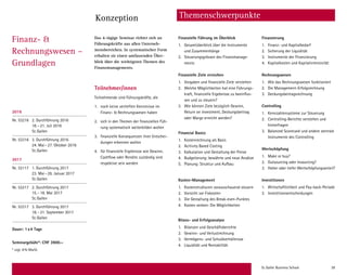 St. Galler Business School 39
Finanz- 
Rechnungswesen –
Grundlagen
Das 4-tägige Seminar richtet sich an
Führungskräfte aus allen Unterneh-
mensbereichen. In systematischer Form
erhalten sie einen umfassenden Über-
blick über die wichtigsten Themen des
Finanzmanagements.
Teilnehmer/innen
Teilnehmende sind Führungskräfte, die
1.	 noch keine vertieften Kenntnisse im
Finanz-  Rechnungswesen haben
2.	 sich in den Themen der finanziellen Füh-
rung systematisch weiterbilden wollen
3.	 finanzielle Konsequenzen ihrer Entschei-
dungen erkennen wollen
4.	 für finanzielle Ergebnisse wie Gewinn,
Cashflow oder Rendite zuständig sind
respektive sein werden
Finanzielle Führung im Überblick
1.	Gesamtüberblick über die Instrumente
und Zusammenhänge
2.	Steuerungsgrössen des Finanzmanage-
ments
Finanzielle Ziele erreichen
1.	Vorgaben und finanzielle Ziele verstehen
2.	Welche Möglichkeiten hat eine Führungs-
kraft, finanzielle Ergebnisse zu beeinflus-
sen und zu steuern?
3.	Wie können Ziele bezüglich Gewinn,
Return on Investment, Deckungsbeitrag
oder Marge erreicht werden?
Financial Basics
1.	Kostenrechnung als Basis
2.	Acitivity Based Costing
3.	 Kalkulation und Gestaltung der Preise
4.	 Budgetierung: bewährte und neue Ansätze
5.	 Planung: Struktur und Aufbau
Kosten-Management
1.	Kostenstrukturen vorausschauend steuern
2.	Vorsicht vor Fixkosten
3.	 Die Gestaltung des Break-even-Punktes
4.	 Kosten senken: Die Möglichkeiten
Bilanz- und Erfolgsanalyse
1.	Bilanzen und Geschäftsberichte
2.	Gewinn- und Verlustrechnung
3.	 Vermögens- und Schuldverhältnisse
4.	 Liquidität und Rentabilität
Finanzierung
1.	Finanz- und Kapitalbedarf
2.	Sicherung der Liquidität
3.	 Instrumente der Finanzierung
4.	 Kapitalkosten und Kapitalintensivität
Rechnungswesen
1.	Wie das Rechnungswesen funktioniert
2.	Die Management-Erfolgsrechnung
3.	Deckungsbeitragsrechnung
Controlling
1.	Kennzahlensysteme zur Steuerung
2.	Controlling-Berichte verstehen und
hinterfragen
3.	Balanced Scorecard und andere zentrale
Instrumente des Controlling
Wertschöpfung
1.	Make or buy?
2.	 Outsourcing oder Insourcing?
3.	 Hoher oder tiefer Wertschöpfungsanteil?
Investitionen
1.	Wirtschaftlichkeit und Pay-back-Periode
2.	Investitionsentscheidungen
Konzeption
2016
Nr. 53216 2. Durchführung 2016
18.–21. Juli 2016
St.Gallen
Nr. 53316 3. Durchführung 2016
24. Mai–27. Oktober 2016
St.Gallen
2017
Nr. 53117 1. Durchführung 2017
23. Mai–26. Januar 2017
St.Gallen
Nr. 53217 2. Durchführung 2017
15.–18. Mai 2017
St.Gallen
Nr. 53317 3. Durchführung 2017
18.–21. September 2017
St.Gallen
Dauer: 1x4 Tage
Seminargebühr*: CHF 3900.–
* zzgl. 8% MwSt.
Themenschwerpunkte
 
