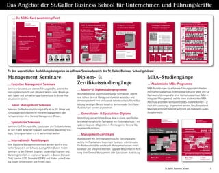 St. Galler Business School 5
Das Angebot der St.Galler Business School für Unternehmen und Führungskräfte
Executive Management Seminare
Seminare für obere und oberste Führungskräfte, welche ihre
Leistungsbereitschaft und -fähigkeit bereits unter Beweis ge-
stellt haben und sich weiter qualiﬁzieren und ihr Know-How
aktualisieren wollen.
Junior Management Seminare
Seminare für Nachwuchsführungskräfte ab ca. 28 Jahren und
Führungspersönlichkeiten im mittleren Management oder
Fachspezialisten ohne General Management-Wissen.
Spezialisten Seminare
Seminare für Führungskräfte, Spezialisten und Stabsmitarbeiter,
die sich in den Bereichen Finanzen, Controlling, Marketing, Stra-
tegie, Führungsverhalten u.a.m. weiterbilden wollen.
Internationale Ausbildungen
Viele klassische Managementseminare werden auch in eng-
lischer Sprache in der Schweiz durchgeführt. Zudem ﬁnden
Seminare zu den Themen Strategie, Leadership, Finanzen und
Marketing ebenfalls in englischer Sprache in Boston (Harvard
Club), London (LSE), Shanghai (CEIBS) und Krakau unter Einbe-
zug lokaler Universitäten und Firmen statt.
Akademische MBA-Programme
MBA-Ausbildungen für erfahrene Führungspersönlichkeiten
mit Hochschulabschluss (International Executive MBA) und für
Nachwuchsführungskräfte ohne Hochschulabschluss (MBA in
Integrated Management), welche einen akademischen MBA-
Abschluss anstreben. Vorhandene SGBS-Diplome können – je
nach Voraussetzung – angerechnet werden. Berufsbegleitend.
Maximale zeitliche Flexibilität aufgrund des modularen Ausbil-
dungskonzepts.
Master-  Diplomstudienprogramme
Berufsbegleitende Diplomstudiengänge für Praktiker, welche
eine höhere General Managementfunktion anstreben und
dementsprechend eine umfassende betriebswirtschaftliche Aus-
bildung benötigen. Bereits besuchte Seminare oder Zertiﬁkats-
Ausbildungen werden angerechnet.
Generalisten-  Spezialisten-Diplome
Vermittlung von vertieftem Know How in einem speziﬁschen
betriebswirtschaftlichen Fachgebiet mit Diplomabschluss - mit
späterer Upgrade-Möglichkeit in Richtung einer General Ma-
nagement Ausbildung
Management-Zertifikate
Ausbildungen mit Zertiﬁkatsabschluss für Führungskräfte,
welche Ihr Praxiswissen theoretisch fundieren möchten oder
für Nachwuchskräfte, welche sich Managementwissen innert
kürzester Zeit aneignen möchten. Upgrade-Möglichkeit in Rich-
tung einer General Management oder Spezialisten-Ausbildung
Management Seminare MBA-StudiengängeDiplom- 
Zertifikatsstudiengänge
Zu den wesentlichen Ausbildungskategorien im offenen Seminarbereich der St.Galler Business School gehören:
St.Galler
Business School
International
Executive MBA 2016-17
St.Galler
Business School
upgradeS
your
perSpective
Berufsbegleitende akademische MBA-Ausbildung
für obere und oberste Führungskräfte
MBA
INTERNATIONAL EXECUTIVE
SEMINARE
FERNSTUDIEN-
MODULE
KOLLOQUIEN
PRAXISARBEIT
www.sgbs.ch/mba
BOSTON
LONDON
SHANGHAI
upgradeS
your
perSpective. St.Galler
Business School
MBA
INTEGRIERTES MANAGEMENT
Berufsbegleitende akademische
MBA-Ausbildung für Führungskräfte
St.Galler
Business School
SEMINARE
FERNSTUDIEN-
MODULE
KOLLOQUIEN
PRAXISARBEIT
Master of Business
Administration (MBA)
in Integrated Management 2016-17
www.sgbs.ch/mba
Die SGBS: Kurz zusammengefasst
St.Galler
Business School
Management-Ausbildung
• Seminare  Lehrgänge
• Diplomstudiengänge
• Inhouse-Seminare
• Consulting
• Management-Publikationen  Tools
• Management-Kongress
• Alumni-Club SGBS
Studiengänge
Inhouse
SchulungenConsultingFinanz-
Seminare
Leadership
Seminare
Strategie
Marketing
Seminare
Junior
Seminare
Executive
Seminare
St. Galler Business School • Rosenbergstrasse 36 • CH-9000 St. Gallen
Tel. 0041 (0)71 225 40 80 • Fax 0041 (0)71 225 40 89
www.sgbs.com • seminare@sgbs.com
MBA-Diplom-
St.Galler
Business School
• Seminare  Lehrgänge
• MBA-  Diplomstudiengänge
• Inhouse-Seminare
• Consulting
• Management-Publikationen  Tools
• Management-Kongress
• Alumni-Club SGBS
St.Galler Business School • Rosenbergstrasse 36 • CH-9000 St.Gallen
Tel. 0041 (0)71 225 40 80 • Fax 0041 (0)71 225 40 89
www.sgbs.ch • seminare@sgbs.ch
Management-Ausbildung
Strategie und Marketing Seminare
• St.Galler Marketing Programm 2x4 Tage
• St.Galler Verkaufs-  Vertriebsmanagement Programm 2x4 Tage
• Strategisches Management für Executives 2x4 Tage
• Strategie-Week Boston 5 Tage
Junior Management Seminare
• St.Galler Junior Business School 11 Tage
• Management-Intensivkurs für Nicht-Betriebswirtschafter 7 Tage
• General Management Seminar für Juniors 5 Tage
• St.Galler Betriebswirtschaftslehrgang 3x4 Tage
Executive Management Seminare
• International Senior Management Programm 3 Wochen
• General Management Seminar für Executives 4 Tage
• St.Galler Executive Business School 2x5 Tage
• Effective Management Programm für Executives 2x4 Tage
Finanzmanagement
• St.Galler Finanzlehrgang 2x4 Tage
• St.Galler Controller Programm 3x4 Tage
• Grundlagen Finanz- und Rechnungswesen 4 Tage
• Finance-Week London 4 Tage
Leadership Seminare
• Leadership - St. Galler Führungsprogramm 2x4 Tage
• Die eigene Management-Kraft steigern 2x4 Tage
• Leadership-Week Boston 5 Tage
• Persönliche Führungskompetenz 2x4 Tage
Management-Seminare
Wissenschaftliche Gesamtleitung
Prof. Dr.
. @sgbs.com
Die Seminare  Lehrgänge stehen
unter der wissenschaftlichen
Leitung von Prof. Dr. Robert
.
Der Dozentenstab vereinigt
Persönlichkeiten aus Wissen-
schaft, Managementberatung
und Praxis.
Christian Abegglen
Dr. oec. HSG
christian.abegglen@sgbs.com
Peter Zehnder
lic.rer.pol.
peter.zehnder@sgbs.com
Director ConsultingPräsident des Verwaltungsrates
Robert Neumann
robert neumann
Neumann
Strategie und Marketing Seminare
• St.Galler Marketing Programm 2x4 Tage
• St.Galler Verkaufs-  Vertriebsmanagement Programm 2x4 Tage
• Strategisches Management für Executives 2x4 Tage
• Strategie-Week Boston 5 Tage
Junior Management Seminare
• St.Galler Junior Business School 11 Tage
• Management-Intensivkurs für Nicht-Betriebswirtschafter 7 Tage
• General Management Seminar für Juniors 5 Tage
• St.Galler Betriebswirtschaftslehrgang 3x4 Tage
Executive Management Seminare
• International Senior Management Programm 3 Wochen
• General Management Seminar für Executives 4 Tage
• St.Galler Executive Business School 2x5 Tage
• Effective Management Programm für Executives 2x4 Tage
Finanzmanagement
• St.Galler Finanzlehrgang 2x4 Tage
• St.Galler Controller Programm 3x4 Tage
• Grundlagen Finanz- und Rechnungswesen 4 Tage
• Finance-Week London 4 Tage
Leadership Seminare
• Leadership - St. Galler Führungsprogramm 2x4 Tage
• Die eigene Management-Kraft steigern 2x4 Tage
• Leadership-Week Boston 5 Tage
• Persönliche Führungskompetenz 2x4 Tage
Management-Seminare
Wissenschaftliche Gesamtleitung
Prof. Dr.
. @sgbs.com
Die Seminare  Lehrgänge stehen
unter der wissenschaftlichen
Leitung von Prof. Dr. Robert
.
Der Dozentenstab vereinigt
Persönlichkeiten aus Wissen-
schaft, Managementberatung
und Praxis.
Christian Abegglen
Dr. oec. HSG
christian.abegglen@sgbs.com
Peter Zehnder
lic.rer.pol.
peter.zehnder@sgbs.com
Director ConsultingPräsident des Verwaltungsrates
Robert Neumann
robert neumann
Neumann
Strategie und Marketing Seminare
• St.Galler Marketing Programm 2x4 Tage
• St.Galler Verkaufs-  Vertriebsmanagement Programm 2x4 Tage
• Strategisches Management für Executives 2x4 Tage
• Strategie-Week Boston 5 Tage
Junior Management Seminare
• St.Galler Junior Business School 11 Tage
• Management-Intensivkurs für Nicht-Betriebswirtschafter 7 Tage
• General Management Seminar für Juniors 5 Tage
• St.Galler Betriebswirtschaftslehrgang 3x4 Tage
Executive Management Seminare
• International Senior Management Programm 3 Wochen
• General Management Seminar für Executives 4 Tage
• St.Galler Executive Business School 2x5 Tage
• Effective Management Programm für Executives 2x4 Tage
Finanzmanagement
• St.Galler Finanzlehrgang 2x4 Tage
• St.Galler Controller Programm 3x4 Tage
• Grundlagen Finanz- und Rechnungswesen 4 Tage
• Finance-Week London 4 Tage
Leadership Seminare
• Leadership - St. Galler Führungsprogramm 2x4 Tage
• Die eigene Management-Kraft steigern 2x4 Tage
• Leadership-Week Boston 5 Tage
• Persönliche Führungskompetenz 2x4 Tage
Management-Seminare
Wissenschaftliche Gesamtleitung
Prof. Dr.
. @sgbs.com
Die Seminare  Lehrgänge stehen
unter der wissenschaftlichen
Leitung von Prof. Dr. Robert
.
Der Dozentenstab vereinigt
Persönlichkeiten aus Wissen-
schaft, Managementberatung
und Praxis.
Christian Abegglen
Dr. oec. HSG
christian.abegglen@sgbs.com
Peter Zehnder
lic.rer.pol.
peter.zehnder@sgbs.com
Director ConsultingPräsident des Verwaltungsrates
Robert Neumann
robert neumann
Neumann
Präsident des Verwaltungsrates Wissenschaftliche Leitung MBA-Programme Director Consulting Director Consulting
Christian Abegglen
Dr.oec.HSG
christian.abegglen@sgbs.ch
Robert Neumann
Prof. Dr.
robert.neumann@sgbs.ch
Peter Zehnder
lic.rer.pol
peter.zehnder@sgbs.ch
Andreas Rippberger
Dipl. Betr.-Wirt.
andreas.rippberger@sgbs.ch
Der Dozentenstab vereinigt Persönlichkeiten aus Wissenschaft, Managementberatung und Praxis.
Strategie und Marketing Seminare
• St.Galler Marketing Programm 2x4 Tage
• St.Galler Verkaufs-  Vertriebsmanagement Programm 2x4 Tage
• Strategisches Management für Executives 2x4 Tage
• Strategie-Week Boston 5 Tage
Junior Management Seminare
• St.Galler Junior Business School 11 Tage
• Management-Intensivkurs für Nicht-Betriebswirtschafter 7 Tage
• General Management Seminar für Juniors 5 Tage
• St.Galler Betriebswirtschaftslehrgang 3x4 Tage
Executive Management Seminare
• International Senior Management Programm 3 Wochen
• General Management Seminar für Executives 4 Tage
• St.Galler Executive Business School 2x5 Tage
• Effective Management Programm für Executives 2x4 Tage
Finanzmanagement
• St.Galler Finanzlehrgang 2x4 Tage
• St.Galler Controller Programm 3x4 Tage
• Grundlagen Finanz- und Rechnungswesen 4 Tage
• Finance-Week London 4 Tage
Leadership Seminare
• Leadership - St. Galler Führungsprogramm 2x4 Tage
• Die eigene Management-Kraft steigern 2x4 Tage
• Leadership-Week Boston 5 Tage
• Persönliche Führungskompetenz 2x4 Tage
Management-Seminare
Wissenschaftliche Gesamtleitung
Prof. Dr.
. @sgbs.com
Die Seminare  Lehrgänge stehen
unter der wissenschaftlichen
Leitung von Prof. Dr. Robert
.
Der Dozentenstab vereinigt
Persönlichkeiten aus Wissen-
schaft, Managementberatung
und Praxis.
Christian Abegglen
Dr. oec. HSG
christian.abegglen@sgbs.com
Peter Zehnder
lic.rer.pol.
peter.zehnder@sgbs.com
Director ConsultingPräsident des Verwaltungsrates
Robert Neumann
robert neumann
Neumann
Strategie und Marketing Seminare
• St.Galler Marketing Programm 2x4 Tage
• St.Galler Verkaufs-  Vertriebsmanagement Programm 2x4 Tage
• Strategisches Management für Executives 2x4 Tage
• Strategie-Week Boston 5 Tage
Junior Management Seminare
• St.Galler Junior Business School 11 Tage
• Management-Intensivkurs für Nicht-Betriebswirtschafter 7 Tage
• General Management Seminar für Juniors 5 Tage
• St.Galler Betriebswirtschaftslehrgang 3x4 Tage
Executive Management Seminare
• International Senior Management Programm 3 Wochen
• General Management Seminar für Executives 4 Tage
• St.Galler Executive Business School 2x5 Tage
• Effective Management Programm für Executives 2x4 Tage
Finanzmanagement
• St.Galler Finanzlehrgang 2x4 Tage
• St.Galler Controller Programm 3x4 Tage
• Grundlagen Finanz- und Rechnungswesen 4 Tage
• Finance-Week London 4 Tage
Leadership Seminare
• Leadership - St. Galler Führungsprogramm 2x4 Tage
• Die eigene Management-Kraft steigern 2x4 Tage
• Leadership-Week Boston 5 Tage
• Persönliche Führungskompetenz 2x4 Tage
Management-Seminare
Wissenschaftliche Gesamtleitung
Prof. Dr.
. @sgbs.com
Die Seminare  Lehrgänge stehen
unter der wissenschaftlichen
Leitung von Prof. Dr. Robert
.
Der Dozentenstab vereinigt
Persönlichkeiten aus Wissen-
schaft, Managementberatung
und Praxis.
Christian Abegglen
Dr. oec. HSG
christian.abegglen@sgbs.com
Peter Zehnder
lic.rer.pol.
peter.zehnder@sgbs.com
Director ConsultingPräsident des Verwaltungsrates
Robert Neumann
robert neumann
Neumann
MBA-  Diplomstudiengänge SGBS
Unser Angebot umfasst die folgenden Studiengänge:
MBA-, Master-  General
Management-Diplomstudiengänge:
• International Executive MBA
• Master of Business Administration in
Integrated Management
• SGBS Master of Management St.Gallen
• Dipl. Betriebswirtschafter SGBS
• General Management-Diplom SGBS
• SGBS Junior Management-Zertifikat St.Gallen
Diplomstudiengänge SGBS
Master-  General Management-
Diplomstudiengänge:
• SGBS Master of Management St.Gallen
• Dipl. Betriebswirtschafter SGBS
• General Management-Diplom SGBS
• SGBS Junior Management-
Zertifikat St.Gallen
Unser Angebot umfasst die folgenden Studiengänge:
Fach-  Spezialistendiplome:
• Dipl. Marketingleiter/in SGBS
• Dipl. Verkaufsleiter/in SGBS
• Dipl. Finanzleiter/in SGBS
• Dipl. Controller/in SGBS
• Leadership-  Human Resources
Management-Diplom SGBS
• Dipl. Consultant SGBS
«Wir arbeiten in Strukturen von
gestern mit Ressourcen von Heute
an Strategien für morgen vorwie-
gend mit Menschen, die die
Strukturen von gestern geschaffen
haben und das Übermorgen in
der Unternehmung nicht mehr
erleben werden.»
St.Galler Business School
Diplomausbildung
2007–2008
Master Diplome
St.Gallen
Dipl. Consultant SGBS
Die Diplomlehrgänge der St.Galler Business School
– Anspruchsvolle und praxisnahe Aus-  Weiterbildung
– Diplomabschluss SGBS
– Basierend auf dem bewährten St.Galler Management-
Konzept
– Wissenschaftliche Leitung Prof. (emer.) Dr. Dres. h.c.
Knut Bleicher
Master Diplome
St.Gallen
General Management-
Diplom SGBS
Die Diplomlehrgänge der St.Galler Business School
– Anspruchsvolle und praxisnahe Aus-  Weiterbildung
– Diplomabschluss SGBS
– Basierend auf dem bewährten St.Galler Management-
Konzept
– Wissenschaftliche Leitung Prof. (emer.) Dr. Dres. h.c.
Knut Bleicher
St.Galler Business School
Diplomausbildung
2007–2008
8. Auflage
2011
(Knut Bleicher)
Fach-  Spezialisten-Diplomstudiengänge:
• Dipl. Marketingleiter/in SGBS
• Dipl. Verkaufsleiter/in SGBS
• Dipl. Finanzleiter/in SGBS
• Dipl. Controller/in SGBS
• Leadership-  Human Resources
Management-Diplom SGBS
• Dipl. Consultant SGBS
St.Galler
Business School
International
Executive MBA 2016-17
St.Galler
Business School
upgradeS
your
perSpective
Berufsbegleitende akademische MBA-Ausbildung
für obere und oberste Führungskräfte
MBA
INTERNATIONAL EXECUTIVE
SEMINARE
FERNSTUDIEN-
MODULE
KOLLOQUIEN
PRAXISARBEIT
www.sgbs.ch/mba
BOSTON
LONDON
SHANGHAI
upgradeS
your
perSpective. St.Galler
Business School
MBA
INTEGRIERTES MANAGEMENT
Berufsbegleitende akademische
MBA-Ausbildung für Führungskräfte
St.Galler
Business School
SEMINARE
FERNSTUDIEN-
MODULE
KOLLOQUIEN
PRAXISARBEIT
Master of Business
Administration (MBA)
in Integrated Management 2016-17
www.sgbs.ch/mba
Dipl. Betriebswirtschafter/in
SGBS®
St. Galler Business School
DIPLOMAUSBILDUNGEN FÜR MANAGER/INNEN
Master Diplome St.Gallen
Nächste Studienbeginne:
Die Diplomlehrgänge der St.Galler Business School
– Anspruchsvolle und praxisnahe Aus-  Weiterbildung
– Diplomabschluss SGBS
– Basierend auf dem bewährten St.Galler Management-
Konzept
– Unter Wissenschaftlicher Leitung der St.Galler Business School
2016-17
4. Januar 2016
4. April 2016
4. Juli 2016
3. Oktober 2016
Dipl. Marketingleiter/in
SGBS®
St. Galler Business School
DIPLOMAUSBILDUNGEN FÜR MANAGER/INNEN
Master Diplome St.Gallen
Nächste Studienbeginne:
Die Diplomlehrgänge der St.Galler Business School
– Anspruchsvolle und praxisnahe Aus-  Weiterbildung
– Diplomabschluss SGBS
– Basierend auf dem bewährten St.Galler Management-
Konzept
– Unter Wissenschaftlicher Leitung der St.Galler Business School
Alternativ
als Einstieg:
Marketing-
und Vertriebs-
managemen
t-Zertifikat
St.Gallen
2016-17
6. Juli 2015
5. Oktober 2015
4. Januar 2016
4. April 2016
Management-Publikationen
Das Konzept Integriertes Management
•Aktualisiert und erweitert um
•Darstellung neuer Instrumente
•Für wissenschaftlich
interessierte Praktiker
Praxisbeispiel
2016: 25 Jahre
St. Galler Konzept
Der Klassiker zum St.Galler Ansatz
in der 8. Auflage
Das Standardwerk für modernes Management wird seit der
ersten Auﬂage konsequent weiterentwickelt und trägt den
neuesten Fortschritten im Management Rechnung.
Strategie und Marketing Seminare
• St.Galler Marketing Programm 2x4 Tage
• St.Galler Verkaufs-  Vertriebsmanagement Programm 2x4 Tage
• Strategisches Management für Executives 2x4 Tage
• Strategie-Week Boston 5 Tage
Junior Management Seminare
• St.Galler Junior Business School 11 Tage
• Management-Intensivkurs für Nicht-Betriebswirtschafter 7 Tage
• General Management Seminar für Juniors 5 Tage
• St.Galler Betriebswirtschaftslehrgang 3x4 Tage
Executive Management Seminare
• International Senior Management Programm 3 Wochen
• General Management Seminar für Executives 4 Tage
• St.Galler Executive Business School 2x5 Tage
• Effective Management Programm für Executives 2x4 Tage
Finanzmanagement
• St.Galler Finanzlehrgang 2x4 Tage
• St.Galler Controller Programm 3x4 Tage
• Grundlagen Finanz- und Rechnungswesen 4 Tage
• Finance-Week London 4 Tage
Leadership Seminare
• Leadership - St. Galler Führungsprogramm 2x4 Tage
• Die eigene Management-Kraft steigern 2x4 Tage
• Leadership-Week Boston 5 Tage
• Persönliche Führungskompetenz 2x4 Tage
Management-Seminare
Wissenschaftliche Gesamtleitung
Prof. Dr.
. @sgbs.com
Die Seminare  Lehrgänge stehen
unter der wissenschaftlichen
Leitung von Prof. Dr. Robert
.
Der Dozentenstab vereinigt
Persönlichkeiten aus Wissen-
schaft, Managementberatung
und Praxis.
Christian Abegglen
Dr. oec. HSG
christian.abegglen@sgbs.com
Peter Zehnder
lic.rer.pol.
peter.zehnder@sgbs.com
Director ConsultingPräsident des Verwaltungsrates
Robert Neumann
robert neumann
Neumann
Strategie und Marketing Seminare
• St.Galler Marketing Programm 2x4 Tage
• St.Galler Verkaufs-  Vertriebsmanagement Programm 2x4 Tage
• Strategisches Management für Executives 2x4 Tage
• Strategie-Week Boston 5 Tage
Junior Management Seminare
• St.Galler Junior Business School 11 Tage
• Management-Intensivkurs für Nicht-Betriebswirtschafter 7 Tage
• General Management Seminar für Juniors 5 Tage
• St.Galler Betriebswirtschaftslehrgang 3x4 Tage
Executive Management Seminare
• International Senior Management Programm 3 Wochen
• General Management Seminar für Executives 4 Tage
• St.Galler Executive Business School 2x5 Tage
• Effective Management Programm für Executives 2x4 Tage
Finanzmanagement
• St.Galler Finanzlehrgang 2x4 Tage
• St.Galler Controller Programm 3x4 Tage
• Grundlagen Finanz- und Rechnungswesen 4 Tage
• Finance-Week London 4 Tage
Leadership Seminare
• Leadership - St. Galler Führungsprogramm 2x4 Tage
• Die eigene Management-Kraft steigern 2x4 Tage
• Leadership-Week Boston 5 Tage
• Persönliche Führungskompetenz 2x4 Tage
Management-Seminare
Wissenschaftliche Gesamtleitung
Prof. Dr.
. @sgbs.com
Die Seminare  Lehrgänge stehen
unter der wissenschaftlichen
Leitung von Prof. Dr. Robert
.
Der Dozentenstab vereinigt
Persönlichkeiten aus Wissen-
schaft, Managementberatung
und Praxis.
Christian Abegglen
Dr. oec. HSG
christian.abegglen@sgbs.com
Peter Zehnder
lic.rer.pol.
peter.zehnder@sgbs.com
Director ConsultingPräsident des Verwaltungsrates
Robert Neumann
robert neumann
Neumann
Strategie und Marketing Seminare
• St.Galler Marketing Programm 2x4 Tage
• St.Galler Verkaufs-  Vertriebsmanagement Programm 2x4 Tage
• Strategisches Management für Executives 2x4 Tage
• Strategie-Week Boston 5 Tage
Junior Management Seminare
• St.Galler Junior Business School 11 Tage
• Management-Intensivkurs für Nicht-Betriebswirtschafter 7 Tage
• General Management Seminar für Juniors 5 Tage
• St.Galler Betriebswirtschaftslehrgang 3x4 Tage
Executive Management Seminare
• International Senior Management Programm 3 Wochen
• General Management Seminar für Executives 4 Tage
• St.Galler Executive Business School 2x5 Tage
• Effective Management Programm für Executives 2x4 Tage
Finanzmanagement
• St.Galler Finanzlehrgang 2x4 Tage
• St.Galler Controller Programm 3x4 Tage
• Grundlagen Finanz- und Rechnungswesen 4 Tage
• Finance-Week London 4 Tage
Leadership Seminare
• Leadership - St. Galler Führungsprogramm 2x4 Tage
• Die eigene Management-Kraft steigern 2x4 Tage
• Leadership-Week Boston 5 Tage
• Persönliche Führungskompetenz 2x4 Tage
Management-Seminare
Wissenschaftliche Gesamtleitung
Prof. Dr.
. @sgbs.com
Die Seminare  Lehrgänge stehen
unter der wissenschaftlichen
Leitung von Prof. Dr. Robert
.
Der Dozentenstab vereinigt
Persönlichkeiten aus Wissen-
schaft, Managementberatung
und Praxis.
Christian Abegglen
Dr. oec. HSG
christian.abegglen@sgbs.com
Peter Zehnder
lic.rer.pol.
peter.zehnder@sgbs.com
Director ConsultingPräsident des Verwaltungsrates
Robert Neumann
robert neumann
Neumann
Strategie und Marketing Seminare
• St.Galler Marketing Programm 2x4 Tage
• St.Galler Verkaufs-  Vertriebsmanagement Programm 2x4 Tage
• Strategisches Management für Executives 2x4 Tage
• Strategie-Week Boston 5 Tage
Junior Management Seminare
• St.Galler Junior Business School 11 Tage
• Management-Intensivkurs für Nicht-Betriebswirtschafter 7 Tage
• General Management Seminar für Juniors 5 Tage
• St.Galler Betriebswirtschaftslehrgang 3x4 Tage
Executive Management Seminare
• International Senior Management Programm 3 Wochen
• General Management Seminar für Executives 4 Tage
• St.Galler Executive Business School 2x5 Tage
• Effective Management Programm für Executives 2x4 Tage
Finanzmanagement
• St.Galler Finanzlehrgang 2x4 Tage
• St.Galler Controller Programm 3x4 Tage
• Grundlagen Finanz- und Rechnungswesen 4 Tage
• Finance-Week London 4 Tage
Leadership Seminare
• Leadership - St. Galler Führungsprogramm 2x4 Tage
• Die eigene Management-Kraft steigern 2x4 Tage
• Leadership-Week Boston 5 Tage
• Persönliche Führungskompetenz 2x4 Tage
Management-Seminare
Wissenschaftliche Gesamtleitung
Prof. Dr.
. @sgbs.com
Die Seminare  Lehrgänge stehen
unter der wissenschaftlichen
Leitung von Prof. Dr. Robert
.
Der Dozentenstab vereinigt
Persönlichkeiten aus Wissen-
schaft, Managementberatung
und Praxis.
Christian Abegglen
Dr. oec. HSG
christian.abegglen@sgbs.com
Peter Zehnder
lic.rer.pol.
peter.zehnder@sgbs.com
Director ConsultingPräsident des Verwaltungsrates
Robert Neumann
robert neumann
Neumann
Forschung  Publikationen
Meilensteine der Entwicklung eines
Integrierten Managements
Swiridoff
Knut Bleicher
Meilensteine der Entwicklung eines Integrierten Managements
Herausgegeben von Christian Abegglen
2
St. Galler Business Books  Tools Wissenschaft
Strukturen und Kulturen
Swiridoff
Knut Bleicher
Meilensteine der Entwicklung eines Integrierten Managements
Herausgegeben von Christian Abegglen
3
St. Galler Business Books  Tools Wissenschaft
Normatives und Strategisches Management
Swiridoff
Knut Bleicher
Managementsysteme
Meilensteine der Entwicklung eines Integrierten Managements
Herausgegeben von Christian Abegglen
4
St. Galler Business Books  Tools Wissenschaft
Swiridoff
Knut Bleicher
Meilensteine der Entwicklung eines Integrierten Managements
Herausgegeben von Christian Abegglen
5
St. Galler Business Books  Tools Wissenschaft
Human Resources Management
Swiridoff
Knut Bleicher
Meilensteine der Entwicklung eines Integrierten Managements
Herausgegeben von Christian Abegglen
6
St. Galler Business Books  Tools Wissenschaft
Corporate Dynamics
Thomas Weiers
Ausgliederung von
Dienstleistungen in
eigenständige
Servicegesellschaften
«Outsourcing – Chancen  Risiken
dargestellt am Beispiel der IT»
ST.GALLER
BUSINESS BOOKS  TOOLS
GENERAL MANAGEMENT SERIES
• Band 1: Management im Wandel
• Band 2: Strukturen und Kulturen der
Organisation im Umbruch
• Band 3: Normatives Management
• Band 4: Die strukturelle Gestaltung
• Band 5: Das Problemverhalten
• Band 6: Integriertes Management
SGBSAlumni-Jahrbuch2009–2010
SGBS
St.Galler
Business School
SGBS
St.Galler
Business School
SGBS
Alumni-Jahrbuch
201
ISBN 3-905379-21-X
Schutzgebühr SFr. 15.–/€10.–
ST.GALLER
BUSINESS BOOKS  TOOLS
ALUMNI-CLUB SERIES
1
Ganzheitliches Management
in der Praxis
Ausgewählte Diplomarbeiten der
St.Galler Business School
Band 1:
Ideen- und Innovationsmanagement
Christian Abegglen
Herausgeber
ST.GALLER
BUSINESS BOOKS  TOOLS
GENERAL MANAGEMENT SERIES
Business
Books  Tools
PERSONAL IMAGE
Sprache – Kommunikation – Präsentation
eine Short-Story für Führungskräfte und Manager
von Uwe J. Hackbarth
ST. GALLER
BUSINESS BOOKS  TOOLS
GENERAL MANAGEMENT SERIES
Corporate Dynamics
Erfolgreiches Management von Wandel
aus studentischer Sicht
Band 1
Christian Abegglen
Robert Neumann
Herausgeber
ChristianAbegglen·RobertNeumannCorporateDynamics·Band1
ST. GALLER
BUSINESS BOOKS  TOOLS
GENERAL MANAGEMENT SERIES
EDITIONGENERALMANAGEMENTSERIES
Nach den heftigen Beben der Finanzkrise zeichnen sich – zwar noch diffus
– erste Anzeichen eines Aufschwungs ab. Nach langen Monaten des
„Durchhaltens“ gilt es nun für Unternehmer, Manager und Führungskräfte,
den leichten wirtschaftlichen Aufwind positiv zu nutzen. Das aktuelle
Marktumfeld zeigt sich jedoch in gewandelter Form: Althergebrachte
Patentrezepte, Pfadabhängigkeiten sowie Denkmuster von gestern sind
häufig nicht mehr wirkungsvoll. Vieles muss in Unternehmen nun neu und
anders gemacht werden, vielerorts stehen Wandel, Veränderung und
Fortschritt ganz oben auf der Tagesordnung. Entsprechend gross ist der
Bedarf an wirksamen, ganzheitlichen und nachhaltigen Instrumenten und
Denkhilfen.
Mit dieser hochaktuellen Thematik beschäftigten sich Studenten der
Vorlesung „Corporate Dynamics“ von Christian Abegglen an der Alpen-
Adria-Universität Klagenfurt im Rahmen von studentischen Forschungs-
projekten. In zwei Sammelbänden werden vorliegend als Resultat ausge-
suchte Beiträge veröffentlicht. Dort werden bewährte Management-
Instrumente wirksamer Initiierung, Steuerung und Bewältigung von
Wandel und Fortschritt dargestellt und mittels aktueller Fragestellungen
intensiv diskutiert. Methodische Grundlagen beider Bände sind zwei zen-
trale Bausteine der weithin bekannten St. Galler Management-Lehre:
Systemorientiertes Management und das Lebenszyklus-Modell.
Zielsetzung von Band 1 ist die Darstellung wesentlicher Voraussetzungen
und Stellhebel erfolgreichen Managements von Veränderungen sowie die
griffige Veranschaulichung der Grundlagen für optimales Handeln in tur-
bulenten Zeiten. Obwohl die Notwendigkeiten zum Wandel vielerorts
bewusst sind, klagen Unternehmen über mangelnde Veränderungsbereit-
schaft. Mit der systematischen Suche nach Ursachen und Gründen dieses
Mangels werden entlang der Phasen des Unternehmenslebenszyklus die
Veränderungsfähigkeit eines Unternehmens einerseits sowie typische
interne Umsetzungshürden andererseits diskutiert. So sind zunächst schritt-
weise intern und extern relevante Faktoren identifiziert und beleuchtet.
Dann wird aufgezeigt, wie diese wirksam abzugleichen sind, damit die
Stosskraft eines Unternehmens entlang der Reifephasen nachhaltig sicher-
gestellt werden kann.
Management-Kongresse SGBS: Immer Mitte September in St.Gallen
Management-Kongresse der SGBS 2003-2015
Rückblick des SGBS Alumni-Clubs
Strategie und Marketing Seminare
• St.Galler Marketing Programm 2x4 Tage
• St.Galler Verkaufs-  Vertriebsmanagement Programm 2x4 Tage
• Strategisches Management für Executives 2x4 Tage
• Strategie-Week Boston 5 Tage
Junior Management Seminare
• St.Galler Junior Business School 11 Tage
• Management-Intensivkurs für Nicht-Betriebswirtschafter 7 Tage
• General Management Seminar für Juniors 5 Tage
• St.Galler Betriebswirtschaftslehrgang 3x4 Tage
Executive Management Seminare
• International Senior Management Programm 3 Wochen
• General Management Seminar für Executives 4 Tage
• St.Galler Executive Business School 2x5 Tage
• Effective Management Programm für Executives 2x4 Tage
Finanzmanagement
• St.Galler Finanzlehrgang 2x4 Tage
• St.Galler Controller Programm 3x4 Tage
• Grundlagen Finanz- und Rechnungswesen 4 Tage
• Finance-Week London 4 Tage
Leadership Seminare
• Leadership - St. Galler Führungsprogramm 2x4 Tage
• Die eigene Management-Kraft steigern 2x4 Tage
• Leadership-Week Boston 5 Tage
• Persönliche Führungskompetenz 2x4 Tage
Management-Seminare
Wissenschaftliche Gesamtleitung
Prof. Dr.
. @sgbs.com
Die Seminare  Lehrgänge stehen
unter der wissenschaftlichen
Leitung von Prof. Dr. Robert
.
Der Dozentenstab vereinigt
Persönlichkeiten aus Wissen-
schaft, Managementberatung
und Praxis.
Christian Abegglen
Dr. oec. HSG
christian.abegglen@sgbs.com
Peter Zehnder
lic.rer.pol.
peter.zehnder@sgbs.com
Director ConsultingPräsident des Verwaltungsrates
Robert Neumann
robert neumann
Neumann
Strategie und Marketing Seminare
• St.Galler Marketing Programm 2x4 Tage
• St.Galler Verkaufs-  Vertriebsmanagement Programm 2x4 Tage
• Strategisches Management für Executives 2x4 Tage
• Strategie-Week Boston 5 Tage
Junior Management Seminare
• St.Galler Junior Business School 11 Tage
• Management-Intensivkurs für Nicht-Betriebswirtschafter 7 Tage
• General Management Seminar für Juniors 5 Tage
• St.Galler Betriebswirtschaftslehrgang 3x4 Tage
Executive Management Seminare
• International Senior Management Programm 3 Wochen
• General Management Seminar für Executives 4 Tage
• St.Galler Executive Business School 2x5 Tage
• Effective Management Programm für Executives 2x4 Tage
Finanzmanagement
• St.Galler Finanzlehrgang 2x4 Tage
• St.Galler Controller Programm 3x4 Tage
• Grundlagen Finanz- und Rechnungswesen 4 Tage
• Finance-Week London 4 Tage
Leadership Seminare
• Leadership - St. Galler Führungsprogramm 2x4 Tage
• Die eigene Management-Kraft steigern 2x4 Tage
• Leadership-Week Boston 5 Tage
• Persönliche Führungskompetenz 2x4 Tage
Management-Seminare
Wissenschaftliche Gesamtleitung
Prof. Dr.
. @sgbs.com
Die Seminare  Lehrgänge stehen
unter der wissenschaftlichen
Leitung von Prof. Dr. Robert
.
Der Dozentenstab vereinigt
Persönlichkeiten aus Wissen-
schaft, Managementberatung
und Praxis.
Christian Abegglen
Dr. oec. HSG
christian.abegglen@sgbs.com
Peter Zehnder
lic.rer.pol.
peter.zehnder@sgbs.com
Director ConsultingPräsident des Verwaltungsrates
Robert Neumann
robert neumann
Neumann
St. Galler Business School • Rosenbergstrasse 36 • CH-9000 St. Gallen
Tel. 0041 (0)71 225 40 80 • Fax 0041 (0)71 225 40 89
www.sgbs.com • seminare@sgbs.com
Management-Kongresse der SGBS
– Rückblick des SGBS Alumni-Clubs
St.Galler
Business School
D E U T S C H L A N D
Dr. Christian Abegglen • Prof. Knut Bleicher • Helmut Bührle • Dr. Klaus v. Dohnanyi
Peter Edelmann • Prof. Hans Georg Graf • Mark McGregor • Dr. Eckart von
Hirschhausen • Joachim Hunold • Otto Ineichen • Prof. Dr. Wilfried Krüger
General Stephan Kretschmer • Ole N. Nielsen • Karl-Heinz Grosse Peclum • Prof. Dr. Hans
Jobst Pleitner • Felix Richterich • Andreas Schell • Prof. Dr. Dres. Manuel R. Theisen
Bettina Würth • Prof. Dr. Rolf Wunderer • Prof. Dr. Hans A. Wüthrich
St. Galler Business School • Rosenbergstrasse 36 • CH-9000 St. Gallen
Tel. 0041 (0)71 225 40 80 • Fax 0041 (0)71 225 40 89
www.sgbs.com • seminare@sgbs.com
Management-Kongresse der SGBS
– Rückblick des SGBS Alumni-Clubs
St.Galler
Business School
D E U T S C H L A N D
Dr. Christian Abegglen • Prof. Knut Bleicher • Helmut Bührle • Dr. Klaus v. Dohnanyi
Peter Edelmann • Prof. Hans Georg Graf • Mark McGregor • Dr. Eckart von
Hirschhausen • Joachim Hunold • Otto Ineichen • Prof. Dr. Wilfried Krüger
General Stephan Kretschmer • Ole N. Nielsen • Karl-Heinz Grosse Peclum • Prof. Dr. Hans
Jobst Pleitner • Felix Richterich • Andreas Schell • Prof. Dr. Dres. Manuel R. Theisen
Bettina Würth • Prof. Dr. Rolf Wunderer • Prof. Dr. Hans A. Wüthrich
St. Galler Business School • Rosenbergstrasse 36 • CH-9000 St. Gallen
Tel. 0041 (0)71 225 40 80 • Fax 0041 (0)71 225 40 89
www.sgbs.com • seminare@sgbs.com
Management-Kongresse der SGBS
– Rückblick des SGBS Alumni-Clubs
St.Galler
Business School
D E U T S C H L A N D
Dr. Christian Abegglen • Prof. Knut Bleicher • Helmut Bührle • Dr. Klaus v. Dohnanyi
Peter Edelmann • Prof. Hans Georg Graf • Mark McGregor • Dr. Eckart von
Hirschhausen • Joachim Hunold • Otto Ineichen • Prof. Dr. Wilfried Krüger
General Stephan Kretschmer • Ole N. Nielsen • Karl-Heinz Grosse Peclum • Prof. Dr. Hans
Jobst Pleitner • Felix Richterich • Andreas Schell • Prof. Dr. Dres. Manuel R. Theisen
Bettina Würth • Prof. Dr. Rolf Wunderer • Prof. Dr. Hans A. Wüthrich
St. Galler Business School • Rosenbergstrasse 36 • CH-9000 St. Gallen
Tel. 0041 (0)71 225 40 80 • Fax 0041 (0)71 225 40 89
www.sgbs.com • seminare@sgbs.com
Management-Kongresse der SGBS
– Rückblick des SGBS Alumni-Clubs
St.Galler
Business School
D E U T S C H L A N D
Dr. Christian Abegglen • Prof. Knut Bleicher • Helmut Bührle • Dr. Klaus v. Dohnanyi
Peter Edelmann • Prof. Hans Georg Graf • Mark McGregor • Dr. Eckart von
Hirschhausen • Joachim Hunold • Otto Ineichen • Prof. Dr. Wilfried Krüger
General Stephan Kretschmer • Ole N. Nielsen • Karl-Heinz Grosse Peclum • Prof. Dr. Hans
Jobst Pleitner • Felix Richterich • Andreas Schell • Prof. Dr. Dres. Manuel R. Theisen
Bettina Würth • Prof. Dr. Rolf Wunderer • Prof. Dr. Hans A. Wüthrich
St. Galler Business School • Rosenbergstrasse 36 • CH-9000 St. Gallen
Tel. 0041 (0)71 225 40 80 • Fax 0041 (0)71 225 40 89
www.sgbs.com • seminare@sgbs.com
Management-Kongresse der SGBS
– Rückblick des SGBS Alumni-Clubs
St.Galler
Business School
D E U T S C H L A N D
Dr. Christian Abegglen • Prof. Knut Bleicher • Helmut Bührle • Dr. Klaus v. Dohnanyi
Peter Edelmann • Prof. Hans Georg Graf • Mark McGregor • Dr. Eckart von
Hirschhausen • Joachim Hunold • Otto Ineichen • Prof. Dr. Wilfried Krüger
General Stephan Kretschmer • Ole N. Nielsen • Karl-Heinz Grosse Peclum • Prof. Dr. Hans
Jobst Pleitner • Felix Richterich • Andreas Schell • Prof. Dr. Dres. Manuel R. Theisen
Bettina Würth • Prof. Dr. Rolf Wunderer • Prof. Dr. Hans A. Wüthrich
St. Galler Business School • Rosenbergstrasse 36 • CH-9000 St. Gallen
Tel. 0041 (0)71 225 40 80 • Fax 0041 (0)71 225 40 89
www.sgbs.com • seminare@sgbs.com
Management-Kongresse der SGBS
– Rückblick des SGBS Alumni-Clubs
St.Galler
Business School
D E U T S C H L A N D
Dr. Christian Abegglen • Prof. Knut Bleicher • Helmut Bührle • Dr. Klaus v. Dohnanyi
Peter Edelmann • Prof. Hans Georg Graf • Mark McGregor • Dr. Eckart von
Hirschhausen • Joachim Hunold • Otto Ineichen • Prof. Dr. Wilfried Krüger
General Stephan Kretschmer • Ole N. Nielsen • Karl-Heinz Grosse Peclum • Prof. Dr. Hans
Jobst Pleitner • Felix Richterich • Andreas Schell • Prof. Dr. Dres. Manuel R. Theisen
Bettina Würth • Prof. Dr. Rolf Wunderer • Prof. Dr. Hans A. Wüthrich
St. Galler Business School • Rosenbergstrasse 36 • CH-9000 St. Gallen
Tel. 0041 (0)71 225 40 80 • Fax 0041 (0)71 225 40 89
www.sgbs.com • seminare@sgbs.com
Management-Kongresse der SGBS
– Rückblick des SGBS Alumni-Clubs
St.Galler
Business School
D E U T S C H L A N D
Dr. Christian Abegglen • Prof. Knut Bleicher • Helmut Bührle • Dr. Klaus v. Dohnanyi
Peter Edelmann • Prof. Hans Georg Graf • Mark McGregor • Dr. Eckart von
Hirschhausen • Joachim Hunold • Otto Ineichen • Prof. Dr. Wilfried Krüger
General Stephan Kretschmer • Ole N. Nielsen • Karl-Heinz Grosse Peclum • Prof. Dr. Hans
Jobst Pleitner • Felix Richterich • Andreas Schell • Prof. Dr. Dres. Manuel R. Theisen
Bettina Würth • Prof. Dr. Rolf Wunderer • Prof. Dr. Hans A. Wüthrich
St. Galler Business School • Rosenbergstrasse 36 • CH-9000 St. Gallen
Tel. 0041 (0)71 225 40 80 • Fax 0041 (0)71 225 40 89
www.sgbs.com • seminare@sgbs.com
Management-Kongresse der SGBS
– Rückblick des SGBS Alumni-Clubs
St.Galler
Business School
D E U T S C H L A N D
Dr. Christian Abegglen • Prof. Knut Bleicher • Helmut Bührle • Dr. Klaus v. Dohnanyi
Peter Edelmann • Prof. Hans Georg Graf • Mark McGregor • Dr. Eckart von
Hirschhausen • Joachim Hunold • Otto Ineichen • Prof. Dr. Wilfried Krüger
General Stephan Kretschmer • Ole N. Nielsen • Karl-Heinz Grosse Peclum • Prof. Dr. Hans
Jobst Pleitner • Felix Richterich • Andreas Schell • Prof. Dr. Dres. Manuel R. Theisen
Bettina Würth • Prof. Dr. Rolf Wunderer • Prof. Dr. Hans A. Wüthrich
St.Galler Business Sch
www.sgbs.com
Dr. Christian Lawrence
Dr. Wolf SchumacherProf. Dr. Theo Wehner
Philipp Schwander
Dr. Th
Felix Ahlers
Dr. Christian Abegglen
Change Managem
Unternehmen in Turbulenzen au
Pet
St.Galler
Business Schoo
St.Galler Business School
www.sgbs.com
Dr. Christian Lawrence
Dr. Wolf SchumacherProf. Dr. Theo Wehner
Philipp Schwander
Dr. Thilo Sarrazin
Felix Ahlers Arthur E. Darboven
Dr. Christian Abegglen Wolfram Hatz jun.
Change Management -
Unternehmen in Turbulenzen auf Kurs bringen
Darboven
Trading
Peter ehnderZ
St.Galler
Business School
St.Galler Business School
www.sgbs.com
Dr. Christian Lawrence
Dr. Wolf SchumacherProf. Dr. Theo Wehner
Philipp Schwander
Dr. Thilo Sarrazin
Felix Ahlers Arthur E. Darboven
Dr. Christian Abegglen Wolfram Hatz jun.
Change Management -
Unternehmen in Turbulenzen auf Kurs bringen
Darboven
Trading
Peter ehnderZ
St.Galler
Business School
St.Galler Business School
www.sgbs.com
Dr. Christian Lawrence
Dr. Wolf SchumacherProf. Dr. Theo Wehner
Philipp Schwander
Dr. Thilo Sarrazin
Felix Ahlers Arthur E. Darboven
Dr. Christian Abegglen Wolfram Hatz jun.
Change Management -
Unternehmen in Turbulenzen auf Kurs bringen
Darboven
Trading
Peter ehnderZ
St.Galler
Business School
St.Galler Business School
www.sgbs.com
Dr. Christian Lawrence
Dr. Wolf SchumacherProf. Dr. Theo Wehner
Philipp Schwander
Dr. Thilo Sarrazin
Felix Ahlers Arthur E. Darboven
Dr. Christian Abegglen Wolfram Hatz jun.
Change Management -
Unternehmen in Turbulenzen auf Kurs bringen
Darboven
Trading
Peter ehnderZ
St.Galler
Business School
St.Galler Business School
www.sgbs.com
Dr. Christian Lawrence
Dr. Wolf SchumacherProf. Dr. Theo Wehner
Philipp Schwander
Dr. Thilo Sarrazin
Felix Ahlers Arthur E. Darboven
Dr. Christian Abegglen Wolfram Hatz jun.
Change Management -
Unternehmen in Turbulenzen auf Kurs bringen
Darboven
Trading
Peter ehnderZ
St. Galler Business School • Rosenbergstrasse 36 • CH-9000 St. Gallen
Tel. 0041 (0)71 225 40 80 • Fax 0041 (0)71 225 40 89
www.sgbs.com • seminare@sgbs.com
Management-Kongresse der SGBS
– Rückblick des SGBS Alumni-Clubs
St.Galler
Business School
D E U T S C H L A N D
Dr. Christian Abegglen • Prof. Knut Bleicher • Helmut Bührle • Dr. Klaus v. Dohnanyi
Peter Edelmann • Prof. Hans Georg Graf • Mark McGregor • Dr. Eckart von
Hirschhausen • Joachim Hunold • Otto Ineichen • Prof. Dr. Wilfried Krüger
General Stephan Kretschmer • Ole N. Nielsen • Karl-Heinz Grosse Peclum • Prof. Dr. Hans
Jobst Pleitner • Felix Richterich • Andreas Schell • Prof. Dr. Dres. Manuel R. Theisen
Bettina Würth • Prof. Dr. Rolf Wunderer • Prof. Dr. Hans A. Wüthrich
Dr. Christian Abegglen • Prof. Knut Bleicher • Jobst Siemer • Peter E. Zehnder Ernst
Wyrsch • Dr. Klaus Dohnanyi • Prof. Dr. Hans A. Wüthrich • General Stephan
Kretschmer Bettina Würth • Dr. Konrad Hummler • Prof. Dr. Dres. Manuel R. Th-
eisen • Prof. Dr. Wunderer • Karl-Heinz Grosse Peclum • Prof. Dr. Wilfried Krüger
Otto Ineichen • Prof. Dr. Hans Jobst Pleitner • Dr. Eckart von Hirschhausen
Joachim Hunold • Ole N. Nielsen • Felix Richterich • Andreas Schell
Peter Edelmann • Peter Zürn • Helmut Bührle • Prof. Dr, Manfred Spitzer
Prof. Dr. Mathias Binswanger • Christo Quiske • Dr. Gunter Frank
Dr. Maximilian Herzog • Prof. Dr. Hans Eberspächer • Sören M. Slowak
Prof. Dr. Janus Teczke • Mark McGregor • Philipp Schwander • Dr. Robert Neu-
mann • Dr. Hermann Jung • Peter Rösler • Prof. Dr. Markus Schwaninger • Tors-
ten Oltmanns • Heinrich Villiger • Prof. Dr. Theo Wehner • Dr. Wolf Schumacher
Dr. Thilo Sarrazin • Wolfram Hatz jun. • Felix Ahlers • Dr. Christian Law-
renc • Christian Sagehorn • Arthur E. Darboven • Prof. Dr. Dietrich Dörner
Master Han Shan • Dr. Konrad Hummler • Lars Windhorst • Maja Storch
Roger Köppel • Prof. Dr. Markus Schwaninger • Dr. Joerg Dederichs
Prof. Dr. Thomas Straubhaar • Tomas Prenosil • Dr. Manfred Wittenstein
Prof. Dr. Franz-Rudolf Esch • Robert Heinzer Dr. Hendrik Hartje
Dr. Stephan Feige • Simone Zuberbühler • Kim-Eva Wempe • Samy Liechti
Dr. Bernhard Kaumanns • Carolina Müller-Möhl • Heiko Fischer
 