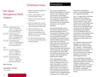 50
Teilnehmer/innen Konzeption
1.	 Oberste und obere Führungskräfte mit
Erfolgsverantwortung.
2.	 Bereichs-, Abteilungsleiter und Ver-
antwortliche grosser Projekte.
3.	 Praktiker mit umfassender Führungs-
verantwortung.
4.	 Obere Führungskräfte, die mit ihrem
Arbeitseinsatz an die Grenzen stossen
und ihre Wirksamkeit erhöhen wollen.
5.	 Obere Führungskräfte, die sich
intensiv mit ihrem eigenen Poten-
tial kritisch auseinandersetzen und
­Stellhebel suchen, ihre Leistungsfähig-
keit weiter zu verbessern.
6.	 Für höhere Funktionen Vorgesehene,
die sich auf die neue Aufgabe optimal
vorbereiten möchten.
Wer mit dem Anspruch antritt,
höhere Führungsaufgaben zu überneh-
men bzw. neue, ungewohnt schwie-
rige Situa­­­­­ti­onen zu bewältigen,
darf es nicht bei der Fortschreibung
seiner bisherigen Verhaltenswei-
sen und ­Prinzipien be­lassen. Denn
Patent­rezepte aus der Ver­gangenheit
­erlauben nur selten Zu­kunfts­­
gestaltung.
Der «klassische Manager» hat vor
­allem gelernt, basierend auf seinem
betriebswirtschaftlichen Wissen
und gemachten Erfahrungen, vorhan-
dene Problem­stellungen anzugehen.
Je nach persön­­l­icher Situation
und Umfeld ist der ge­konnte Einsatz
bewährter Methoden und Verhaltens-
weisen lange Zeit er­folg­­­reich.
Früher oder später kann je­doch jede
Führungskraft so an die Grenzen
ihrer Wirksamkeit stossen. Erste
klei­nere Misserfolge und Fru­­s­trationen
sind die Symptome. Viele Mana­­ger/
­innen reagieren darauf mit erhöh-
ter Arbeits­leistung und müssen aber
­feststellen, dass ihr Management­-
Erfolg dennoch nachlässt.
Andere Führungskräfte wissen
zum vornherein um diese Proble-
matik. Sie akzeptieren, dass sie ihre
eigene Wirk­samkeit nur erhalten
und ­kontinuierlich zu steigern ver-
mögen, wenn sie ihr Tun und Ver-
halten ­ständig neu hinterfragen und
aus den gewonnenen Erken­nt­nissen
resultat-orientierte Führungsstrategien
­entwickeln. Nur so wird die eigene
Wirksamkeit im Management
erhöht, so entsteht Management-Kraft,
die zu Höchst­leistungen führt.
Das 2 x 4-tägige Seminar «Die eigene
Management-Kraft steigern» ist
für Executives und obere Führungs-
kräfte konzipiert. Es zeigt, welche
Verhaltens­weisen und Prinzipien häu-
fig dem weiteren Erfolg im Weg
stehen und was Führungskräfte heute
tun müssen, um auch morgen noch
handlungsfähig und erfolgreich
zu sein. Im Mittelpunkt steht ein
­systematisches, umsetzungs­orientiertes
Konzept, das die zentralen Stell­-
grössen zur Leistungs- und Resul­tat-
steigerung aus ganzheitlicher Sicht
aufzeigt.
Die Teilnehmer bringen persönliches
Engagement mit und sind bereit,
sich selbst einer kritischen Analyse
mit – fakultativ – anschliessendem
Massnahmenplan zu unterziehen. Das
Seminar richtet sich ausschliess-
lich an Teilnehmer/innen in höheren
Funk­tionen mit Führungs- bzw.
Selbst­managementwissen.
In den nachstehenden Themenblö-
cken sind die wichtigsten inhaltlichen
­Elemente dargestellt. Diese werden im
Verlauf des Seminars aus ganz-
heitlicher Sicht behandelt. Es besteht
die Möglichkeit, eigene zusätzliche
Schwerpunkte einzubringen,
die analysiert und trainiert werden
können.
Die eigene
Management-Kraft
steigern
2016
Nr. 61216 2. Durchführung 2016
1. Teil 13.–16. Juni 2016
2. Teil 15.–18. August 2016
Stein am Rhein/Brunnen
Nr. 61316 3. Durchführung 2016
1. Teil 5.–8. September 2016
2. Teil 7.–10. November 2016
Stein am Rhein/Brunnen
Nr. 61416 4. Durchführung 2016
1. Teil 21.–24. November 2016
2. Teil 16.–19. Januar 2017
Stein am Rhein/Brunnen
2017
Nr. 61117 1. Durchführung 2017
1. Teil 13.–16. März 2017
2. Teil 8.–11. Mai 2017
Stein am Rhein/Brunnen
Nr. 61217 2. Durchführung 2017
1. Teil 10.–13. Juli 2017
2. Teil 14.–17. August 2017
Stein am Rhein/Brunnen
Dauer: 2x4 Tage
Seminargebühr*: CHF 8400.–
* zzgl. 8% MwSt.
2016
Nr. 61216 2. Durchführung 2016
1. Teil 13.–16. Juni 2016
Stein a. Rhein, Hotel Chlosterhof
2. Teil 15.–18. August 2016
Brunnen, Seehotel Waldstätterhof
Nr. 61316 3. Durchführung 2016
1. Teil 5.–8. September 2016
Stein a. Rhein, Hotel Chlosterhof
2. Teil 7.–10. November 2016
Brunnen, Seehotel Waldstätterhof
Nr. 61416 4. Durchführung 2016
1. Teil 21.–24. November 2016
Stein a. Rhein, Hotel Chlosterhof
2. Teil 16.–19. Januar 2017
Brunnen, Seehotel Waldstätterhof
2017
Nr. 61117 1. Durchführung 2017
1. Teil 13.–16. März 2017
Stein a. Rhein, Hotel Chlosterhof
2. Teil 8.–11. Mai 2017
Brunnen, Seehotel Waldstätterhof
Dauer: 2x4 Tage
Seminargebühr*: CHF 8400.–
* zzgl. 8% MwSt.
 