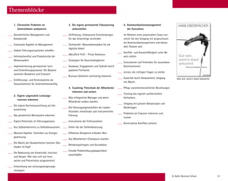 St. Galler Business School 51
Themenblöcke
1.	 Chronische Probleme im
	 Unternehmen analysieren
Ganzheitliches Management und
­Komplexität
Irrationale Aspekte im Management
Stabile Führungssituationen schaffen
Informationsflut und Produktivität der
Wissensarbeit
Implementierung permanenter Lern-
und Entwicklungsprozesse: Die Balance
zwischen Bewahren und Erneuern
Entlöhnungs- und Anreizsysteme als
Steuer­elemente für Unternehmenserfolg
2.	 Eigene ungenutzte Leistungs-
	 reserven erkennen
Die eigene Karriereausrichtung als Vor-
aussetzung
Das persönliche Wertsystem erkennen
Eigene Potentiale im Führungsprozess
Aus Selbsterkenntnis zu Selbstbewusstsein
Mentale Aspekte: Techniken zur Energie-
gewinnung
Die Macht der Gewohnheiten brechen: Blo-
ckaden im Kopf
Die Bedeutung von Kreativität, Intuition
und Gespür: Wie man sich auf Inno-
vation und Pioniertaten programmiert
Entwicklung von Leistungs­steigerungs­­
strategien
3.	 Die eigene permanente Fokussierung
	sicherstellen
Zielfindung: Unbewusste Entscheidungen
für das Unwichtige vermeiden
Zieltransfer: Massnahmenpläne für die
tägliche Arbeit
«Beruflich Profi – Privat Amateur»
Strategien für Routinetätigkeiten
Ausdauer, Engagement und Tatkraft durch
geplante Freiräume
Burnout-Gefahren rechtzeitig erkennen
4.	 Coaching: Potentiale der Mitarbeiter
	 erkennen und nutzen
Was erfolgreiche Manager und deren
­Mitarbeiter anders machen
Die Führungseigenschaften der Leader:
­Visionäre, emotionale und instrumentelle
Führung
Instrumente der Einflussnahme
Fehler bei der Stellenbesetzung
Effektives Delegieren erfordert Mut
Aus Mitarbeitern Champions machen
Mindestspielregeln und Grundsätze
Fremde Problemlösungskapazitäten
­ausschöpfen
	
5.	Kommunikationsmanagement
	 der Executives
Im Rahmen eines praxisnahen Cases trai-
nieren Sie den Umgang mit anspruchsvol-
len Kommunikationspartnern und behan-
deln Themen wie:
Konflikt- und Konsensfähigkeit unter Be-
weis stellen
Instrumente und Techniken für souveränes
Kommunizieren
Lernen, die richtigen Fragen zu stellen
Autorität durch Gelassenheit, Umgang
mit Macht
Pflege zwischenmenschlicher Beziehungen
Training des eigenen authentischen
­Verhaltens
Umgang mit grossen Belastungen und
­Niederlagen
Probleme als Chancen erkennen und
­nutzen
Konstruktive Konflikte schüren
«Gut sein, wenn‘s drauf ankommt»
 