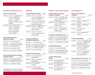 St. Galler Business School 7
Strategisches Management (Forts.)
St. Galler Consulting School *
Nr. 35216	 1. Teil	21. – 24. November 2016
		 2. Teil	6. – 9. März 2017
		 3. Teil	20. – 23. März 2017
		 4. Teil	3. – 5. Juli 2017
		 Davos / Stein am Rhein / Arosa /  
		 St. Gallen
Nr. 35117	 1. Teil	6. – 9. März 2017
		 2. Teil	20. – 23. März 2017
		 3. Teil	3. – 6. April 2017
		 4. Teil	3. – 5. Juli 2017
		 Stein am Rhein / Arosa /
		 Luzern /  St. Gallen
Hochleistungs-Organisation –
World Class Company Seite 29
Nr.	32216	 27. – 30. Juni 2016, Flims
Nr.	32316	 17. – 20. Okt. 2016, St. Gallen
Nr.	32117	 6. – 9. März 2017, Flims
Nr.	32217	 26. – 19. Juni 2017, Flims
Nr.	32317	 16. – 19. Okt. 2017, St. Gallen
Business Development: Neue Geschäfte
erfolgreich aufbauen	 Seite 47
Nr. 33216	 19. – 22. Sept. 2016, Davos
Nr. 33117	 27. – 30. März 2017, Davos
Nr. 33217	 25. – 28. Sept.2017, Davos
Verkaufs-  Vertriebsmanagement
St. Galler Verkaufs-  Vertriebs­
management Programm Seite 34
Nr. 43216	 1. Teil	10. – 13. Oktober 2016
		 2. Teil	5. – 8. Dezember 2016
		 St. Gallen / Davos
Nr. 43117	 1. Teil	3. – 6. April 2017
		 2. Teil	19. – 22. Juni 2017
		 St. Gallen / Davos
Nr. 43217	 1. Teil	9. – 12. Oktober 2017
		 2. Teil	4. – 7. Dezember 2017
		 St. Gallen / Davos
Strategisches VerkaufsmanagementSeite 36
Nr. 44216	 10. – 13. Okt. 2016, St. Gallen
Nr. 44117	 3. – 6. April 2017, St. Gallen
Nr. 44217	 9. – 12. Oktober 2017, St. Gallen
Key Account Management Seite 37
Nr. 45116	 13. – 16. Juni 2016, Davos
Nr. 45216	 5. – 8. Dezember 2016, Davos
Nr. 45117	 19. – 22. Juni 2017, Davos
St. Galler Produktmanager
Seminar Seite 38
Nr.	46216	 20. – 22. Oktober 2016
		 Luzern (Do. bis Sa.)
Nr.	46117	 29. – 31. März 2017
		 Luzern (Mi. bis Fr.)
Nr.	46217	 27. – 29. September 2017
		 Luzern (Mi. bis Fr.)
Finanzmanagement
Finanz-  Rechnungswesen –
Grundlagen Seite 39
Nr. 53216	 18. – 21. Juli 2016
		 St. Gallen
Nr. 53316	 24. Mai – 27. Oktober 2016
		 St. Gallen
Nr. 53117	 23. Mai – 26. Januar 2017
		 St. Gallen
Nr. 53217	 15. – 18. Mai 2017
		 St. Gallen
Nr. 53317	 18. – 21. September 2017
		 St. Gallen
St. Galler Finanzlehrgang Seite 40
Nr. 50316	 1. Teil	12. – 15. September 2016
		 2. Teil	24. – 27. Oktober 2016
		 Davos / Stein am Rhein
Nr. 50117	 1. Teil	16. – 19. Januar 2017
		 2. Teil	24. – 27. April 2017
		 Stein am Rhein / Horn
Nr. 50217	 1. Teil	14. – 17. August 2017
		 2. Teil	. – 12. Oktober 2017
		 Stein am Rhein / Horn
Finanzmanagement für Executives Seite 42
Nr. 51116	 27. – 30. Juni 2016, Davos
Nr. 51216	 5. – 8. Dezember 2016, 	St. Gallen
Nr. 51117	 26. – 29. Juni 2017, Davos
Nr. 51217	 4. – 7. Dezember 2017, Davos
Marketing
St. Galler Marketing Programm Seite 30
Nr. 40216	 1. Teil	4. – 7. Juli 2016
		 2. Teil	22. – 25. August 2016
		 Davos / Horn, Bodensee
Nr. 40316	 1. Teil	17. – 20. Oktober 2016
		 2. Teil	28. Nov. – 1. Dez. 2016
		 Davos / Horn, Bodensee
Nr. 40117	 1. Teil	13. – 16. März 2017
		 2. Teil	24. – 27. April 2017
		 Davos / St. Gallen
Nr. 40217	 1. Teil	3. – 6. Juli 2017
		 2. Teil	21. – 24. August 2017
		 Davos / Brunnen
Strategisches Marketing:
Die Weichen richtig stellen Seite 32
Nr. 41216	 4. – 7. Juli 2016, Davos
Nr. 41316	 17. – 20. Oktober 2016, Davos
Nr. 41117	 13. – 16. März 2017, Davos
Nr. 41217	 3. – 6. Juli 2017, Davos
Marketing operativ umgesetzt Seite 33
Nr. 42216	 22. – 25. August 2016
		 Horn, Bodensee
Nr. 42316	 28. Nov. – 1. Dez. 2016
		 Horn, Bodensee
Nr. 42117	 24. – 27. April 2017
		 St. Gallen
Nr. 42217	 21. – 24. August 2017
		 Brunnen, Vierwaldstättersee* Detailprospekte bitte im Sekretariat bestellen
oder downloaden im Internet. (www.sgbs.ch)
 