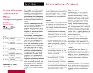76
Master of Business
Administration
(MBA) –
in Integrated Management
Konzeption
Zielsetzung des berufsbegleitenden MBA-
Studienganges ist es, Führungskräften
Management- und Betriebswirtschafts-
wissen in konzentrierter Form zu ver-
mitteln sowie die sozial-kommunikative
Kompetenz und Umsetzungsfähigkeit für
praktische Unternehmenssituationen zu
stärken.
Zugelassen sind Kandidaten/innen mit
einem postsekundären Bildungsabschluss
oder gleichwertigen Qualifikationen
aufgrund Praxiserfahrung bzw. einem
Innehaben einer Position, in welcher üb-
licherweise ein akademischer Bildungs-
abschluss vorausgesetzt wird.
Der akademische Studiengang «Master
of Business Administration (MBA) –
in Integrated Management» wird von der
Alpen-Adria Universität Klagenfurt in
Zusammenarbeit und Kooperation mit
der St. Galler Business School angeboten.
Das MBA Programm vermittelt innerhalb
von 2 Jahren State-of-the-Art-Wissen
über sämtliche relevanten und praktisch
umsetzbaren Managementthemen wie
Strategie, Marketing, Verkaufsmanage-
ment, Controlling, Leadership, Change
Management und Führungskompetenz.
Das Programm konzentriert sich dabei
inhaltlich auf eine integrative Darstellung
der Wechselwirkungen im Management-
gefüge und bezweckt insbesondere auch
die Verbindung von Hard- und Softfacts.
Wichtigste Leitschnur hierfür ist das
St. Galler Konzept «Integriertes Manage-
ment».
Der berufsbegleitende vornehmlich in deutsch
gehaltene akademische Studiengang «Master of
Business Administration (MBA) – in Integrated
Management» richtet sich an Führungskräfte,
die einen akademischen Abschluss anstreben.
Zielgruppe
Leistungsorientierte Führungskräfte, Spezialisten
und Praktiker, die sich eine umfangreiche, fach-
übergreifende, praxis- und managementorien-
tierte integrative Betriebswirtschaftsausbildung
aneignen wollen, um
den Voraussetzungen für die Ausübung
anspruchsvoller unternehmerischer Auf-
gaben gerecht zu werden und den Unter-
nehmenserfolg durch fachliche Flexibilität
abzusichern
Kernpotenziale zu entwickeln, aus denen
sich neue Geschäftsmöglichkeiten ergeben
und mit Zahlen souverän so zu steuern,
dass ein Unternehmen nachhaltig erfolg-
reich ist
souveräne Führungskompetenzen und
Qualifikationen zu entwickeln und so das
persönliche Führungs- und Persönlichkeits-
repertoire zu optimieren
schwierige Entscheidungssituationen in
komplexen Situationen zu trainieren
die eigene Effektivität und Effizienz im
operativen Tagesgeschäft zu optimieren
fundiertes Wissen über Gestaltung, Entwick-
lung und Veränderung von Unternehmen in
Richtung Business Excellence und moderner
Organisationskonzepte zu erlangen.
Etappenweise Studieren
Interessenten, welche sich erst zu einem spä-
teren Zeitpunkt definitiv für die Teilnahme am
Studiengang entscheiden wollen, ist auch ein
etappenweises Vorgehen zur Erbringung der Stu-
dienleistung offen – bedingt durch die Upgrade-
Möglichkeit sämtlicher Zertifikate und Diplom-
studiengänge der St. Galler Business School. Sie
haben die Möglichkeit, in einem ersten Schritt
und im Sinne eines Grundstudiums die Ausbildung
«Dipl. Betriebswirtschafter/in SGBS» zu absolvieren
und darauf aufbauend die weiteren notwendigen
Studienleistungen zum «Master of Business Admi-
nistration (MBA) – in Integrated Management» zu
erbringen, wobei Ihnen 50% an die Gesamtstudi-
enleistung angerechnet wird.
Auch ein «Studienstart» durch Besuch einzel-
ner Seminare ist möglich – dies aufgrund der
Anrechenbarkeit vieler Seminare der St. Galler
Business School an dieses MBA Programm (bis zu
max. 60 ECTS Punkte, 50% der Studienleistung).
Prüfungen
Die Teilnehmer/innen haben schriftliche Teil-
Prüfungen sowie eine kommissionelle mündliche
Schlussprüfung zu absolvieren. Darüber hinaus ist
sowohl eine schriftliche Seminararbeit als auch
eine Master Thesis zu verfassen, zu präsentieren
und in einer Deffensio fachlich zu verteidigen.
Networking
Im Rahmen der Teilnahme an den Seminarblöcken
werden Sie eine Vielzahl von Studienteilnehmern
kennen lernen. So haben Sie die Möglichkeit, ein
sehr grosses, branchenübergreifendes Netzwerk
aufzubauen.
Teilnehmer/innen – Zielsetzung
upgradeS
your
perSpective.
2016
Nr. 91316 3. Studiengang
Studienbeginn: 4. Juli 2016
Nr. 91416 4. Studiengang
Studienbeginn: 3. Oktober 2016
2017
Nr. 91117 1. Studiengang
Studienbeginn: 9. Januar 2017
Nr. 91217 2. Studiengang
Studienbeginn: 10. April 2017
Nr. 91317 3. Studiengang
Studienbeginn: 10. Juli 2017
Nr. 91417 4. Studiengang
Studienbeginn: 9. Oktober 2017
Studiengebühr*: CHF 39900.–
* zzgl. 8% MwSt.
 