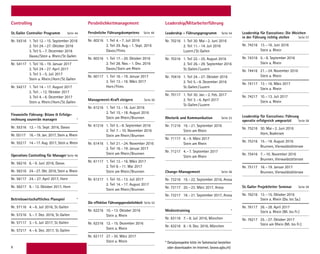 8
Controlling
St. Galler Controller Programm Seite 44
Nr.	54316	 1. Teil	12. – 15. September 2016
		 2. Teil	24. – 27. Oktober 2016
		 3. Teil	5. – 7. Dezember 2016
		 Davos / Stein a. Rhein / St. Gallen
Nr. 54117	 1. Teil	16. – 19. Januar 2017
		 2. Teil	24. – 27. April 2017
		 3. Teil	3. – 5. Juli 2017
		 Stein a. Rhein / Horn / St. Gallen
Nr. 54217	 1. Teil	14. – 17. August 2017
		 2. Teil	. – 12. Oktober 2017
		 3. Teil	4. – 6. Dezember 2017
		 Stein a. Rhein / Horn / St. Gallen
Finanzielle Führung: Bilanz  Erfolgs-
rechnung souverän managen *
Nr. 55316	 12. – 15. Sept. 2016, Davos
Nr. 55117	 16. – 19. Jan. 2017, Stein a. Rhein
Nr. 55217	 14. – 17. Aug. 2017, Stein a. Rhein
Operatives Controlling für ManagerSeite 46
Nr. 56216	 6. – 9. Juni 2016, Davos
Nr. 56316	 24. – 27. Okt. 2016, Stein a. Rhein
Nr. 56117	 24. – 27. April 2017, Horn
Nr. 56217	 9. – 12. Oktober 2017, Horn
Betriebswirtschaftliches Planspiel *
Nr. 57116	 4. – 6. Juli 2016, St. Gallen
Nr. 57216	 5. – 7. Dez. 2016, St. Gallen
Nr. 57117	 3. – 5. Juli 2017, St. Gallen
Nr. 57217	 4. – 6. Dez. 2017, St. Gallen
Persönlichkeitmanagement
Persönliche Führungskompetenz	 Seite 48
Nr. 60216	 1. Teil	4. – 7. Juli 2016
		 2. Teil	29. Aug. – 1. Sept. 2016
		 Davos / Flims
Nr. 60316	 1. Teil	17. – 20. Oktober 2016
		 2. Teil	28. Nov. – 1. Dez. 2016
		 Davos / Stein am Rhein
Nr. 60117	 1. Teil	16. – 19. Januar 2017
		 2. Teil	13. – 16. März 2017
		 Horn / Flims
Management-Kraft steigern Seite 50
Nr. 61216	 1. Teil	13. – 16. Juni 2016
		 2. Teil	15. – 18. August 2016
		 Stein am Rhein / Brunnen
Nr. 61316	 1. Teil	5. – 8. September 2016
		 2. Teil	7. – 10. November 2016
		 Stein am Rhein / Brunnen
Nr. 61416	 1. Teil	21. – 24. November 2016
		 2. Teil	16. – 19. Januar 2017
		 Stein am Rhein / Brunnen
Nr. 61117	 1. Teil	13. – 16. März 2017
		 2. Teil	8. – 11. Mai 2017
		 Stein am Rhein / Brunnen
Nr. 61217	 1. Teil	10. – 13. Juli 2017
		 2. Teil	14. – 17. August 2017
		 Stein am Rhein / Brunnen
Die effektive FührungspersönlichkeitSeite 52
Nr. 62216	 10. – 13. Oktober 2016
		 Stein a. Rhein
Nr. 62316	 12. – 15. Dezember 2016
		 Stein a. Rhein
Nr. 62117	 27. – 30. März 2017
		 Stein a. Rhein
Leadership/Mitarbeiterführung
Leadership – Führungsprogramm Seite 54
Nr. 70216	 1. Teil	30. Mai – 2. Juni 2016
		 2. Teil	11. – 14. Juli 2016
		 Luzern / St. Gallen
Nr. 70316	 1. Teil	22. – 25. August 2016
		 2. Teil	26. – 29. September 2016
		 St. Gallen / Luzern
Nr. 70416	 1. Teil	24. – 27. Oktober 2016
		 2. Teil	5. – 8. Dezember 2016
		 St. Gallen / Luzern
Nr. 70117	 1. Teil	30. Jan. – 2. Feb. 2017
		 2. Teil	3. – 6. April 2017
		 St. Gallen / Luzern
Rhetorik und Kommunikation Seite 53
Nr. 71216	 19. – 21. September 2016
		 Stein am Rhein
Nr. 71117	 6. – 9. März 2017
		 Stein am Rhein
Nr. 71217	 4. – 7. September 2017
		 Stein am Rhein
Change-Management Seite 56
Nr. 73216	 19. – 22. September 2016, Arosa
Nr. 73117	 20. – 23. März 2017, Arosa
Nr. 73217	 18. – 21. September 2017, Arosa
Medientraining *
Nr. 63116	 7. – 8. Juli 2016, München
Nr. 63216	 8. – 9. Dez. 2016, München
Leadership für Executives: Die Weichen
in der Führung richtig stellen Seite 57
Nr. 74216	 13. – 16. Juni 2016
		 Stein a. Rhein
Nr. 74316	 5. – 8. September 2016
		 Stein a. Rhein
Nr. 74416	 21. – 24. November 2016
		 Stein a. Rhein
Nr. 74117	 13. – 16. März 2017
		 Stein a. Rhein
Nr. 74217	 10. – 13. Juli 2017
		 Stein a. Rhein
Leadership für Executives: Führung
operativ erfolgreich umgesetzt Seite 58
Nr. 75216	 30. Mai – 2. Juni 2016
		 Horn, Bodensee
Nr. 75316	 15. – 18. August 2016
		 Brunnen, Vierwaldstättersee
Nr. 75416	 7. – 10. November 2016
		 Brunnen, Vierwaldstättersee
Nr. 75117	 16. – 19. Januar 2017
		 Brunnen, Vierwaldstättersee
St. Galler Projektleiter Seminar Seite 59
Nr. 76216	 13. – 15. Oktober 2016
		 Stein a. Rhein (Do. bis Sa.)
Nr. 76117	 26. – 28. April 2017
		 Stein a. Rhein (Mi. bis Fr.)
Nr. 76217	 25. – 27. Oktober 2017
		 Stein am Rhein (Mi. bis Fr.)
* Detailprospekte bitte im Sekretariat bestellen
oder downloaden im Internet. (www.sgbs.ch)
 