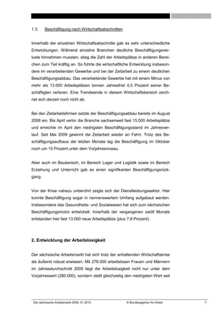 1.3.     Beschäftigung nach Wirtschaftsabschnitten


Innerhalb der einzelnen Wirtschaftsabschnitte gab es sehr unterschiedliche
Entwicklungen. Während einzelne Branchen deutliche Beschäftigungsver-
luste hinnehmen mussten, stieg die Zahl der Arbeitsplätze in anderen Berei-
chen zum Teil kräftig an. So führte die wirtschaftliche Entwicklung insbeson-
dere im verarbeitenden Gewerbe und bei der Zeitarbeit zu einem deutlichen
Beschäftigungsabbau. Das verarbeitende Gewerbe hat mit einem Minus von
mehr als 13.000 Arbeitsplätzen binnen Jahresfrist 4,5 Prozent seiner Be-
schäftigten verloren. Eine Trendwende in diesem Wirtschaftsbereich zeich-
net sich derzeit noch nicht ab.


Bei den Zeitarbeitsfirmen setzte der Beschäftigungsabbau bereits im August
2008 ein. Bis April verlor die Branche sachsenweit fast 15.000 Arbeitsplätze
und erreichte im April den niedrigsten Beschäftigungsstand im Jahresver-
lauf. Seit Mai 2009 gewinnt die Zeitarbeit wieder an Fahrt. Trotz des Be-
schäftigungsaufbaus der letzten Monate lag die Beschäftigung im Oktober
noch um 15 Prozent unter dem Vorjahresniveau.


Aber auch im Baubereich, im Bereich Lager und Logistik sowie im Bereich
Erziehung und Unterricht gab es einen signifikanten Beschäftigungsrück-
gang.


Von der Krise nahezu unberührt zeigte sich der Dienstleistungssektor. Hier
konnte Beschäftigung sogar in nennenswertem Umfang aufgebaut werden.
Insbesondere das Gesundheits- und Sozialwesen hat sich zum sächsischen
Beschäftigungsmotor entwickelt. Innerhalb der vergangenen zwölf Monate
entstanden hier fast 13.000 neue Arbeitsplätze (plus 7,8 Prozent).




2. Entwicklung der Arbeitslosigkeit


Der sächsische Arbeitsmarkt hat sich trotz der anhaltenden Wirtschaftskrise
als äußerst robust erwiesen. Mit 278.000 arbeitslosen Frauen und Männern
im Jahresdurchschnitt 2009 liegt die Arbeitslosigkeit nicht nur unter dem
Vorjahreswert (280.000), sondern stellt gleichzeitig den niedrigsten Wert seit




 Der sächsische Arbeitsmarkt 2009, 01 2010           © Bundesagentur für Arbeit   7
 