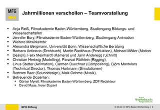 Jahrmillionen verschollen – Teamvorstellung Anja Reiß, Filmakademie Baden-Württemberg, Studiengang Bildungs- und Wissenschaftsfilm Jennifer Bury, Filmakademie Baden-Württemberg, Studiengang Animation Weitere Mitwirkende:  Alexandra Bergmann, Universität Bonn, Wissenschaftliche Beratung Barbara Anticevic (Drehbuch), Martin Backhaus (Produktion), Michael Möller (Motion Design), Felix Meinhardt (Kamera) und Jann Anderegg (Schnitt) Christian Hertwig (Modelling), Parzival Röthlein (Rigging), Linus Stetter (Animation), Carmen Buechner (Compositing), Björn Mantelars (Technical Director), Thomas Hartmann (Simulationen) Bertram Baer (Sounddesign), Maik Oehme (Musik). Betreuende Dozenten:  Günter Myrell, Filmakademie Baden-Württemberg, ZDF Redakteur David Maas, freier Dozent 