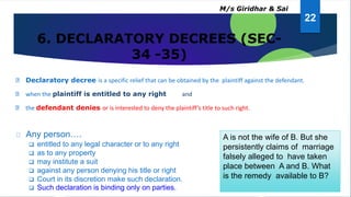 6. DECLARATORY DECREES (SEC-
34 -35)
Declaratory decree is a specific relief that can be obtained by the plaintiff against the defendant.
when the plaintiff is entitled to any right and
the defendant denies or is interested to deny the plaintiff’s title to such right.
Any person….
 entitled to any legal character or to any right
 as to any property
 may institute a suit
 against any person denying his title or right
 Court in its discretion make such declaration.
 Such declaration is binding only on parties.
A is not the wife of B. But she
persistently claims of marriage
falsely alleged to have taken
place between A and B. What
is the remedy available to B?
22
M/s Giridhar & Sai
 