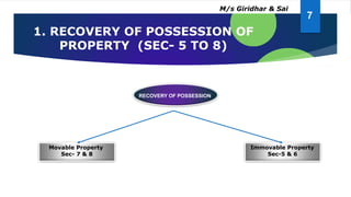 RECOVERY OF POSSESSION
1. RECOVERY OF POSSESSION OF
PROPERTY (SEC- 5 TO 8)
Immovable Property
Sec-5 & 6
Movable Property
Sec- 7 & 8
7
M/s Giridhar & Sai
 