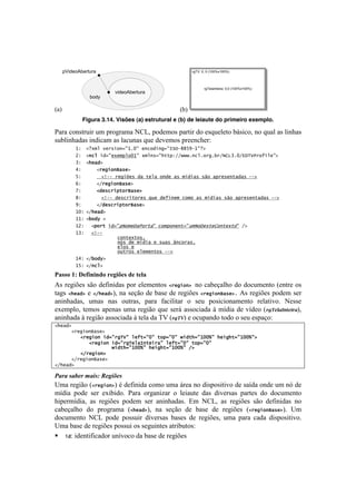 !



      pVideoAbertura                                      rgTV: 0, 0 (100%x100%)




                                                                 rgTelaInteira: 0,0 (100%x100%)
                            videoAbertura
                  body

(a)                                                 (b)
                Figura 3.14. Visões (a) estrutural e (b) de leiaute do primeiro exemplo.

=.-.!<%&18-+#-!+$!7-%P-.$.!S?32!7%5'$%1!7.-8#-!5%!'1,+'O'8%!0;1#<%2!&%!,+.O!.1!O#&Y.1!
1+0O#&Y.5.1!#&5#<.$!.1!O.<+&.1!,+'!5'I'$%1!7-''&<Y'-q!
           01    2345678&%*(")9:0;<:7&)+"#()'9:=>?@AABC@0:3D7
           E1    2)+67(#9:&4&5,6"<0:7456)*9:.--,1FFGGG;)+6;"%';!%FHIJK;<FLMNOP%"Q(6&:D7
           K1    2.&/#D7
           R1    7 7 2%&'(")S/*&D7
           B1    7 7 7 2T@@7%&'(U&*7#/7-&6/7")#&7/*75V#(/*7*W"7/,%&*&)-/#/*7@@D7
           X1    7 7 2F%&'(")S/*&D7
           Y1    7 7 2#&*+%(,-"%S/*&D7
           A1    7 7 7 2T@@7#&*+%(-"%&*7Z[&7#&Q()&57+"5"7/*75V#(/*7*W"7/,%&*&)-/#/*7@@D7
           C1    7 7 2F#&*+%(,-"%S/*&D7
           0<1 2F.&/#D7
           001 2!"#$7D7
           0E1 7 2,"%-7(#9:,H"5&M/P"%-/:7+"5,")&)-9:[5H"M&*-&I")-&4-":7FD7
           0K1 7 2T@@77
                             +")-&4-"*^77
                             )_*7#&75V#(/7&7*[/*7`)+"%/*^77
                             &6"*7&77
                             "[-%"*7&6&5&)-"*7@@D7
           0R1 2F!"#$D7
           0B1 2F)+6D7

="55()DJ)@16.0.0-()21/.>15)-1)%1'")
U1!-'P#c'1!1E%!5':#.1!7%-!'O'$'&8%1! 2%&'(")D7 &%!<.0'V.OY%!5%!5%<+$'&8%!['&8-'!%1!
8.P1! 2.&/#D!'! 2F.&/#D2!&.!1'VE%!5'!0.1'!5'!-'P#c'1! 2%&'(")S/*&D;!U1!-'P#c'1!7%5'$!1'-!
.&#&Y.5.12! +$.1! &.1! %+8-.12! 7.-.! :.<#O#8.-! %! 1'+! 7%1#<#%&.$'&8%! -'O.8#I%B! S'11'!
'T'$7O%2! 8'$%1! .7'&.1! +$.! -'P#E%! ,+'! 1'-;! .11%<#.5.!i! $]5#.!5'!I]5'%![7*:%;8<&"%(782!
.&#&Y.5.!i!-'P#E%!.11%<#.5.!i!8'O.!5.!WF![7*:9!'!%<+7.&5%!8%5%!%!1'+!'17.V%q!
2.&/#D7
7777772%&'(")S/*&D7
7777777772%&'(")7(#9:%'NO:76&Q-9:<:7-",9:<:7G(#-.9:0<<a:7.&('.-9:0<<a:D7
7777777777772%&'(")7(#9:%'N&6/=)-&(%/:76&Q-9:<:7-",9:<:77
77777777777777777777G(#-.9:0<<a:7.&('.-9:0<<a:7FD7
7777777772F%&'(")D7
7777772F%&'(")S/*&D7
2F.&/#D7

.&%&(#&"*%(,&/#0()*1/2*#(
>$.!-'P#E%![2%&'(")D!b!5':#.!<%$%!+$.!;-'.!&%!5#17%1#8#I%!5'!1.]5.!%&5'!+$!&X!5'!
$]5#.! 7%5'! 1'-! 'T#0#5%B! =.-.! %-P.&#).-! %! O'#.+8'! 5.1! 5#I'-1.1! 7.-8'1! 5%! 5%<+$'&8%!
Y#7'-$]5#.2! .1! -'P#c'1! 7%5'$! 1'-! .&#&Y.5.1B! Z$! S?32! .1! -'P#c'1! 1E%! 5':#.1! &%!
<.0'V.OY%! 5%! 7-%P-.$.! [2.&/#D2! &.! 1'VE%! 5'! 0.1'! 5'! -'P#c'1! [2%&'(")S/*&DB! >$!
5%<+$'&8%! S?3! 7%5'! 7%11+#-! 5#I'-1.1! 0.1'1! 5'! -'P#c'12! +$.! 7.-.! <.5.! 5#17%1#8#I%B!
>$.!0.1'!5'!-'P#c'1!7%11+#!%1!1'P+#&8'1!.8-#0+8%1q!
! (#: identificador unívoco da base de regiões
 