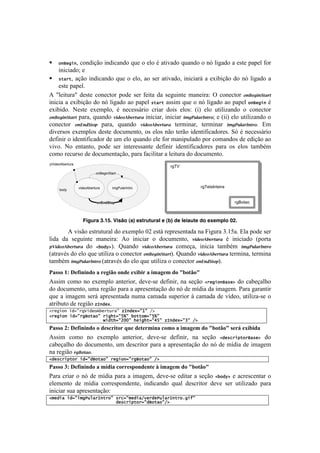 !                                                                                                !



!    ")S&'(), condição indicando que o elo é ativado quando o nó ligado a este papel for
    iniciado; e
! *-/%-, ação indicando que o elo, ao ser ativado, iniciará a exibição do nó ligado a
    este papel.
U! vO'#8+-.v! 5'18'! <%&'<8%-! 7%5'! 1'-! :'#8.! 5.! 1'P+#&8'! $.&'#-.q! ^! <%&'<8%-! 3&F%*(&G"87"!
#&#<#.!.!'T#0#VE%!5%!&X!O#P.5%!.%!7.7'O! *-/%-!.11#$!,+'!%!&X!O#P.5%!.%!7.7'O! ")S&'()!b!
'T#0#5%B! S'18'! 'T'$7O%2! b! &'<'11;-#%! <-#.-! 5%#1! 'O%1q! [#! 'O%! +8#O#).&5%! %! <%&'<8%-!
3&F%*(&G"87"!7.-.2!,+.&5%! 4(2%356%7"'78!#&#<#.-2!#&#<#.-! ()*E';87<&"73x!'![##!'O%!+8#O#).&5%!%!
<%&'<8%-! 3&H&2G"30! 7.-.2! ,+.&5%! 4(2%356%7"'78 8'-$#&.-2! 8'-$#&.-! ()*E';87<&"73B! Z$!
5#I'-1%1! 'T'$7O%1!5'18'!5%<+$'&8%2!%1!'O%1!&E%!8'-E%!#5'&8#:#<.5%-'1B!"X!b!&'<'11;-#%!
5':#&#-!%!#5'&8#:#<.5%-!5'!+$!'O%!,+.&5%!'O'!:%-!$.+O.5%!7%-!<%$.&5%1!5'!'5#VE%!.%!
I#I%B! S%! '&8.&8%2! 7%5'! 1'-! #&8'-'11.&8'! 5':#&#-! #5'&8#:#<.5%-'1! 7.-.! %1! 'O%1! 8.$0b$!
<%$%!-'<+-1%!5'!5%<+$'&8.VE%2!7.-.!:.<#O#8.-!.!O'#8+-.!5%!5%<+$'&8%B!
pVideoAbertura
                                                       rgTV
                           onBeginStart



                 videoAbertura      imgPularIntro                   rgTelaInteira
     body


                            onEndStop                                               rgBotao



                   Figura 3.15. Visão (a) estrutural e (b) de leiaute do exemplo 02.

        U!I#1E%!'18-+8+-.O!5%!'T'$7O%!MG!'18;!-'7-'1'&8.5.!&.!4#P+-.!gBKH.B!ZO.!7%5'!1'-!
O#5.! 5.! 1'P+#&8'! $.&'#-.q! U%! #&#<#.-! %! 5%<+$'&8%2! 4(2%356%7"'78! b! #&#<#.5%! [7%-8.!
09(2%356%7"'78- 5%! 2!"#$DB! r+.&5%! 4(2%356%7"'78! <%$'V.2! #&#<#.! 8.$0b$! ()*E';87<&"73-
[.8-.Ib1!5%!'O%!,+'!+8#O#).!%!<%&'<8%-!3&F%*(&G"87"B!r+.&5%!4(2%356%7"'78!8'-$#&.2!8'-$#&.!
8.$0b$!()*E';87<&"73-[.8-.Ib1!5%!'O%!,+'!+8#O#).!%!<%&'<8%-!3&H&2G"30B!
="55()DJ)@16.0.0-()")21/.G()(0-1)1M.B.2)").9"/19)-()aB(%G(a)
U11#$! <%$%! &%!'T'$7O%!.&8'-#%-2!5'I'@1'!5':#&#-2!&.!1'VE%! 2%&'(")S/*&D!5%!<.0'V.OY%!
5%!5%<+$'&8%2!+$.!-'P#E%!7.-.!.!.7-'1'&8.VE%!5%!&X!5'!$]5#.!5.!#$.P'$B!=.-.!P.-.&8#-!
,+'!.!#$.P'$! 1'-;!.7-'1'&8.5.!&+$.!<.$.5.!1+7'-#%-!i!<.$.5.!5'!I]5'%2!+8#O#).@1'!%!
.8-#0+8%!5'!-'P#E%!c=)#&4B!
2%&'(")7(#9:%'O(#&"b!&%-[%/:7c=)#&49:0:7FD7
2%&'(")7(#9:%'S"-/":7%('.-9:Ba:7!"--"59:Ba:77
777777777777777777777G(#-.9:E<<:7.&('.-9:RB:7c=)#&49:K:7FD7
="55()HJ)@16.0.0-()()-1582.%(2)U&1)-1%129.0")8(9()").9"/19)-()aB(%G(a)512P)1M.B.-")
U11#$! <%$%! &%! 'T'$7O%! .&8'-#%-2! 5'I'@1'! 5':#&#-2! &.! 1'VE%! 2#&*+%(,-"%S/*&D! 5%!
<.0'V.OY%!5%!5%<+$'&8%2!+$!5'1<-#8%-!7.-.!.!.7-'1'&8.VE%!5%!&X!5'!$]5#.!5'!#$.P'$!
&.!-'P#E%!7*F3"83B!
2#&*+%(,-"%7(#9:#S"-/":7%&'(")9:%'S"-/":7FD7
="55()*J)@16.0.0-()")9$-.")8(2215#(0-10%1)).9"/19)-()aB(%G(a)
=.-.! <-#.-! %! &X! 5'! $]5#.! 7.-.! .! #$.P'$2! 5'I'@1'!'5#8.-!.!1'VE%! 2!"#$D! '!.<-'1<'&8.-!%!
'O'$'&8%! 5'! $]5#.! <%--'17%&5'&8'2! #&5#<.&5%! ,+.O! 5'1<-#8%-! 5'I'! 1'-! +8#O#).5%! 7.-.!
#&#<#.-!1+.!.7-'1'&8.VE%q!
25&#(/7(#9:(5'P[6/%=)-%":7*%+9:5&#(/F8&%#&P[6/%=)-%";'(Q:77
77777777777777777777777777#&*+%(,-"%9:#S"-/":FD7
 