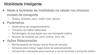 Mobilidade Inteligente
● Mede a facilidade da mobilidade na cidade nos diversos
modais de transporte
○ Ônibus, bicicleta, carro, metrô, trem, barcos
● Parâmetros
○ Quilómetros de congestionamento
○ Tamanho da malha metroviária
○ Porcentagem da população que usa transporte público
○ Número de usuários por carro, ônibus, trem, etc.
● Ações Relacionadas
○ Monitoramento em tempo real do fluxo de veículos
○ Sensores para indicar vagas livres de estacionamento
○ Campanhas e aplicações para incentivar o uso de bicicletas e transporte público
 
