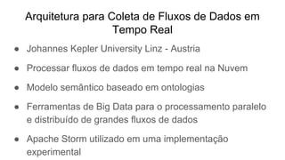 Arquitetura para Coleta de Fluxos de Dados em
Tempo Real
● Johannes Kepler University Linz - Austria
● Processar fluxos de dados em tempo real na Nuvem
● Modelo semântico baseado em ontologias
● Ferramentas de Big Data para o processamento paralelo
e distribuído de grandes fluxos de dados
● Apache Storm utilizado em uma implementação
experimental
 