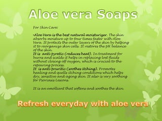 For Skin Care:

•Aloe Vera is the best natural moisturizer. The skin
absorbs moisture up to four times faster with Aloe
Ve...