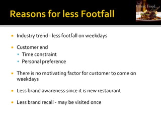  Industry trend - less footfall on weekdays
 Customer end
 Time constraint
 Personal preference
 There is no motivating factor for customer to come on
weekdays
 Less brand awareness since it is new restaurant
 Less brand recall - may be visited once
 