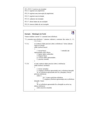 FU1, FU2; 2: reservar um exemplar
FU2; 3: registrar um empréstimo
FU2; 4: registrar uma renovação de empréstimo
FU2; 5: registrar uma revolução
FU3; 6: cadastrar um exemplar
FU3; 7: alterar dados de um exemplar
FU3; 8: remover dados de um exemplar




Exemplo — Modelagem de Tarefa
Vamos modelar a tarefa *;1: consultar uma referência.
*;1. consultar uma referência // números indicam a estrutura das metas (1, 1.1,
                1.2, 2, etc.)
*;1.1a:        se (conhecer dados precisos sobre a referência) // letras indicam
               regras de seleção
               então (realizar busca)
               {
                    1: iniciar busca                       // métodos são
               representados entre chaves
                    2: digitar dados conhecidos
                    3: disparar busca
                    4: verificar dados apresentados
                    5: encerrar consulta
               }
*;1.1b:        se (não conhecer dados precisos sobre a referência)
               então (realizar varredura)
               {
                   1: iniciar varredura
                   2: comparar referência apresentada com a referência desejada
                   3a: se (referência apresentada não for a desejada e houver
               próxima referência)
                   então ({
                              3a.1: ir para a próxima referência
                              2: comparar referência apresentada com a referência
               desejada //reuso
                   })
                   3b: se (referência apresentada for a desejada ou estiver na
               última referência)
                   então (encerrar consulta)
               }
 