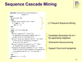 Sequence Cascade Mining



                   L1 Frequent Sequence Mining




                   Candidate Generation for k+1
                   By appending neighbors

                   Downward closure pruning

                   Support Count and reorganize




                                              142
 