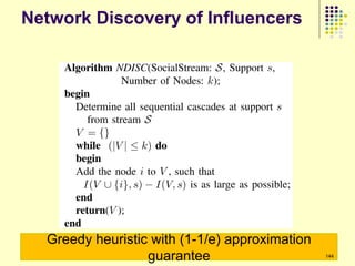 Network Discovery of Influencers




  Greedy heuristic with (1-1/e) approximation
                  guarantee                     144
 