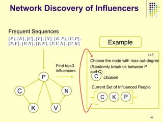 Network Discovery of Influencers

Frequent Sequences

                                       Example
                                                            i=1
                              Choose the node with max out-degree
                Find top-3    (Randomly break tie between P
                influencers   and C)
            P                   C chosen
                              Current Set of Influenced People
   C                 N
                                   C     K     P

        K       V
                                                              145
 