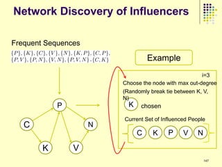 Network Discovery of Influencers

Frequent Sequences

                                   Example
                                                       i=3
                         Choose the node with max out-degree
                         (Randomly break tie between K, V,
                         N)
            P              K    chosen

                         Current Set of Influenced People
   C                 N
                               C    K     P     V     N

        K       V
                                                          147
 