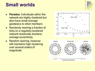 Small worlds
   Paradox: Individuals within the
    network are highly clustered but
    also have small average
    geodesics to other members
   Randomly rewiring a fraction of
    links on a regularly-clustered
    network drastically shortens
    average eccentricity
   Random rewiring, however
    still maintains high clustering
    over several orders of
    magnitude
 