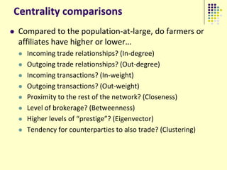 Centrality comparisons
   Compared to the population-at-large, do farmers or
    affiliates have higher or lower…
       Incoming trade relationships? (In-degree)
       Outgoing trade relationships? (Out-degree)
       Incoming transactions? (In-weight)
       Outgoing transactions? (Out-weight)
       Proximity to the rest of the network? (Closeness)
       Level of brokerage? (Betweenness)
       Higher levels of “prestige”? (Eigenvector)
       Tendency for counterparties to also trade? (Clustering)
 
