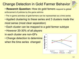 Change Detection in Gold Farmer Behavior
 • Research Question: How do gold famers respond to global
 enforcement of policies by the game admins
 • The in-game activities of gold farmers can be represented as a time series
 • Applied clustering to these series and 3 clusters made the
 most sense (most clear separation)
 • Each cluster can be mapped to a gold farmer subtype
 • However 20-30% of all players
 in each cluster are non-GFs
 • Change detection to determine
 when the time series changed




                                                                                250
 