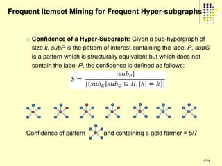 Frequent Itemset Mining for Frequent Hyper-subgraphs


    o Confidence of a Hyper-Subgraph: Given a sub-hypergraph of
      size k, subP is the pattern of interest containing the label P, subG
      is a pattern which is structurally equivalent but which does not
      contain the label P, the confidence is defined as follows:




    Confidence of pattern        and containing a gold farmer = 5/7



                                                                       264
 
