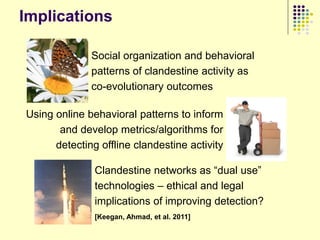 Implications

              Social organization and behavioral
              patterns of clandestine activity as
              co-evolutionary outcomes

Using online behavioral patterns to inform
       and develop metrics/algorithms for
      detecting offline clandestine activity

               Clandestine networks as “dual use”
               technologies – ethical and legal
               implications of improving detection?
               [Keegan, Ahmad, et al. 2011]
 