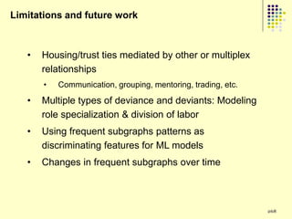Limitations and future work



   •   Housing/trust ties mediated by other or multiplex
       relationships
       •   Communication, grouping, mentoring, trading, etc.

   •   Multiple types of deviance and deviants: Modeling
       role specialization & division of labor
   •   Using frequent subgraphs patterns as
       discriminating features for ML models
   •   Changes in frequent subgraphs over time



                                                               268
 