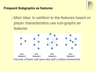 Frequent Subgraphs as features


    oMain Idea: In addition to the features based on
     player characteristics use sub-graphs as
     features
 