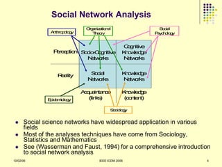 Social Network Analysis
                              O a iz tio a
                               rg n a n l                      Sc l
                                                                o ia
               A th p lo y
                n ro o g         T e ry
                                  ho                         P y h lo y
                                                              sco g


                                                 C g itiv
                                                  on e
                P rc p n S c -C g itiv
                 e e tio  o io o n e             K o le g
                                                  nw de
                           N tw rk
                             e o s               N tw rk
                                                  e o s


                  Ra
                   e lity       Sc l
                                 o ia            K o le g
                                                  nw de
                               N tw rk
                                e o s            N tw rk
                                                  e o s

                             A q a ta c
                              c u in n e         K o le g
                                                  nw de
              E id m lo y
               p e io g         (lin s
                                    k)           (c n n
                                                   o te t)

                                          S c lo y
                                           o io g


     Social science networks have widespread application in various
      fields
     Most of the analyses techniques have come from Sociology,
      Statistics and Mathematics
     See (Wasserman and Faust, 1994) for a comprehensive introduction
      to social network analysis
12/02/06                            IEEE ICDM 2006                        4
 