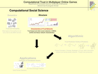 Computational Trust in Multiplayer Online Games
                                          Department of Computer Science, University of Minnesota
                                                      Muhammad Aurangzeb Ahmad


           Computational Social Science
        Semantics                                        Structure




     Trust and Homophily                     Characteristics of Trust Networks
Most types of homophily do not          Trust based and other social networks in MMOs
carry over to the MMO domain               exhibit anomalous network characteristics

                                                                                                        Algorithmic
                                                                                                  Trust Prediction Family of Problems




                                                                                   Predict Formation, Change, Breakage of Trust with in the same
                                                                                    network and across social networks. Predict trust propensity.



                           Applications
                          Detection of Clandestine Actors




                                        No Honor Amongst Thieves
                Gold Farmer Detection
 