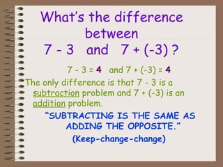 What’s the difference
between
7 - 3 and 7 + (-3) ?
7 - 3 = 4 and 7 + (-3) = 4
The only difference is that 7 - 3 is a
subtraction problem and 7 + (-3) is an
addition problem.
“SUBTRACTING IS THE SAME AS
ADDING THE OPPOSITE.”
(Keep-change-change)
 