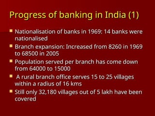Progress of banking in India (1)
Progress of banking in India (1)
 Nationalisation of banks in 1969: 14 banks were
Nationalisation of banks in 1969: 14 banks were
nationalised
nationalised
 Branch expansion: Increased from 8260 in 1969
Branch expansion: Increased from 8260 in 1969
to 68500 in 2005
to 68500 in 2005
 Population served per branch has come down
Population served per branch has come down
from 64000 to 15000
from 64000 to 15000
 A rural branch office serves 15 to 25 villages
A rural branch office serves 15 to 25 villages
within a radius of 16 kms
within a radius of 16 kms
 Still only 32,180 villages out of 5 lakh have been
Still only 32,180 villages out of 5 lakh have been
covered
covered
 