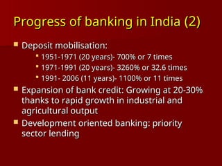 Progress of banking in India
Progress of banking in India (2)
(2)
 Deposit mobilisation:
Deposit mobilisation:
 1951-1971 (20 years)- 700% or 7 times
1951-1971 (20 years)- 700% or 7 times
 1971-1991 (20 years)- 3260% or 32.6 times
1971-1991 (20 years)- 3260% or 32.6 times
 1991- 2006 (11 years)- 1100% or 11 times
1991- 2006 (11 years)- 1100% or 11 times
 Expansion of bank credit: Growing at 20-30%
Expansion of bank credit: Growing at 20-30%
thanks to rapid growth in industrial and
thanks to rapid growth in industrial and
agricultural output
agricultural output
 Development oriented banking: priority
Development oriented banking: priority
sector lending
sector lending
 