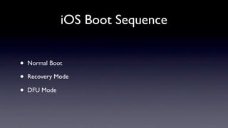 iOS Boot Sequence


•   Normal Boot

•   Recovery Mode

•   DFU Mode
 