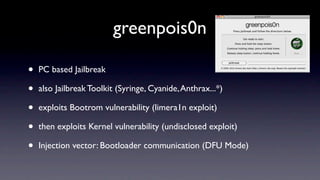 greenpois0n

•   PC based Jailbreak

•   also Jailbreak Toolkit (Syringe, Cyanide, Anthrax...*)

•   exploits Bootrom vulnerability (limera1n exploit)

•   then exploits Kernel vulnerability (undisclosed exploit)

•   Injection vector: Bootloader communication (DFU Mode)
 