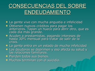 CONSECUENCIAS DEL SOBRE ENDEUDAMIENTO La gente vive con mucha angustia e infelicidad Obtienen nuevos créditos para pagar los anteriores. Tapan un hueco para abrir otro, que es cada día más grande. Acuden a prestamistas, pagando intereses de hasta 30% mensual para tratar de salir de la crisis. La gente entra en un estado de mucha infelicidad Los deudores se deprimen y eso afecta su salud y las relaciones familiares. Pierden todos sus bienes. Muchos terminan con el suicidio. 