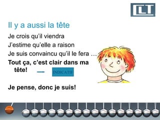 Il y a aussi la tête
Je crois qu’il viendra
J’estime qu’elle a raison
Je suis convaincu qu’il le fera …
Tout ça, c’est clair dans ma
   tête!          INDICATIF


Je pense, donc je suis!
 