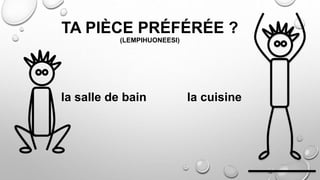 TA PIÈCE PRÉFÉRÉE ?
(LEMPIHUONEESI)
la salle de bain la cuisine
 