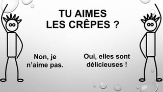 TU AIMES
LES CRÊPES ?
Oui, elles sont
délicieuses !
Non, je
n’aime pas.
 