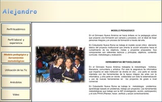 Perfil Académico                               MODELO PEDAGOGICO

                         En el Gimnasio Nueva América se hacia énfasis en la pedagogía activa
                         que propone una formación por campos y procesos, con el ideal de forjar
   Perfil laboral y      personas íntegras y en proceso de formación a través del arte.
    experiencia
                         En Colsubsidio Nueva Roma se trabaja el modelo social critico elemento
                         básico del proyecto institucional que orienta la acción educativa hacia el
                         cumplimiento de los objetivos, metas y proyectos propuestos. Sus
                         componentes son referentes teóricos y principios, objetivos, contenido
Modelo pedagógico y      curricular, metodología y evaluación.
   herramientas
  metodológicas                            HERRAMIENTAS METODOLOGICAS

                         En el Gimnasio Nueva América trabajaba la metodología holística,
Utilización de las Tic   liberadora, comunitaria y artística. Por esto la asignatura de informática
                         que impartía en esta institución se dividía en dos , una parte en donde
                         intentaba con las herramientas de la época integrar las artes con la
                         informática, y otra parte en donde colaboraba con toda la sistematización
                         y uso de nuevas herramientas en los proyectos de grado a nivel
     Anécdotas           comercial

                         En Colsubsidio Nueva Roma se trabaja la metodología problemica,
                         aprendizaje basado en problemas, trabajo por proyectos. Las herramientas
                         metodológicas que trabajo son la IAP (investigación, acción, participación)
                         y el ciclo PHVA (Planear, hacer, verificar y actuar correctivamente)
       Video
 