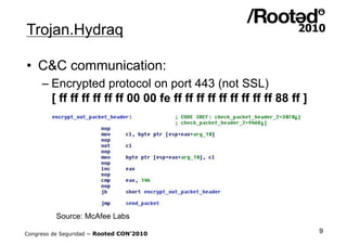 Trojan.Hydraq

•  C&C communication:
     – Encrypted protocol on port 443 (not SSL)
       [ ff ff ff ff ff ff 00 00 fe ff ff ff ff ff ff ff ff ff 88 ff ]




          Source: McAfee Labs

Congreso de Seguridad ~ Rooted CON’2010                                  9
 