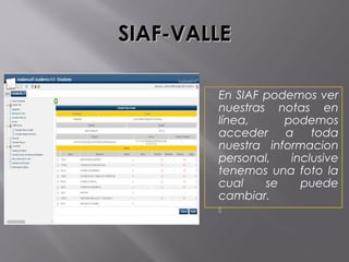 SIAF-VALLESIAF-VALLE
En SIAF podemos ver
nuestras notas en
línea, podemos
acceder a toda
nuestra informacion
personal, inclusive
tenemos una foto la
cual se puede
cambiar.

 