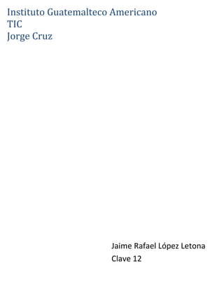 Instituto Guatemalteco AmericanoTICJorge Cruz<br />Jaime Rafael López LetonaClave 12<br />COMPUTACION DIGITALUna computadora digital es una combinación de dispositivos y circuitos electrónicosorganizados de tal forma, que pueden realizar una secuencia programada de operacionescon un mínimo de intervención humana. A la secuencia de operaciones se le denominaPrograma. Un programa es un conjunto de instrucciones codificadas que se almacenan enla memoria interna de la computadora junto con todos los datos que el programa requiere.Por otra parte, para que la computadora pueda ser útil, es necesario que ésta interactúe conel exterior pidiendo datos para ser procesados, y muestre de alguna forma los resultadosque obtiene.<br />Tipos de Computadora<br />Análoga: La computadora análoga es la que acepta y procesa señales continuas, tales<br />como: fluctuaciones de voltaje o frecuencias. Ejemplo: El termostato es la computadora<br />análoga más sencilla.<br />Digital : La computadora digital es la que acepta y procesa datos que han sido convertidos<br />al sistema binario. La mayoría de las computadoras son digitales.<br />Híbrida: La computadora híbrida es una computadora digital que procesa señales análogas<br />que han sido convertidas a forma digital. Es utilizada para control de procesos y en<br />robótica.<br />Propósito especial : La computadora de propósito especial está dedicada a un solo<br />propósito o tarea. Pueden ser usadas para producir informes del tiempo, monitorear<br />desastres naturales, hacer lecturas de gasolina y como medidor eléctrico. Ejemplo: carros<br />de control remoto, horno microondas, relojes digitales, cámaras, procesador de palabras,<br />etc.<br />Propósito general: La computadora de propósito general se programa para una variedad de<br />tareas o aplicaciones. Son utilizadas para realizar cálculos matemáticos, estadísticos,<br />contabilidad comercial, control de inventario, nómina, preparación de inventario,<br />etc. Ejemplo: quot;
mainframesquot;
 o minicomputadoras <br />Categorías de las computadoras<br />Mainframes: Los quot;
mainframequot;
 son computadoras grandes, ligeras, capaces de utilizar<br />cientos de dispositivos de entrada y salida. Procesan millones de instrucciones por<br />segundo. Su velocidad operacional y capacidad de procesar hacen que los grandes<br />negocios, el gobierno, los bancos, las universidades, los hospitales, compañías de seguros,<br />líneas aéreas, etc. confién en ellas. Su principal función es procesar grandes cantidades de<br />datos rápidamente. Estos datos están accesibles a los usuarios del quot;
mainframequot;
 o a los<br />usuarios de las microcomputadoras cuyos terminales están conectados al quot;
mainframequot;
. Su<br />costo fluctúa entre varios cientos de miles de dólares hasta el millón. Requieren de un<br />sistema especial para controlar la temperatura y la humedad. También requieren de un<br />personal profesional especializado para procesar los datos y darle el<br />mantenimiento. Ejemplo: IBM 360.<br />Categorías de las computadorasSupercomputadora: La supercomputadora es lo máximo en computadora, es la más rápiday, por lo tanto, la más cara. Cuesta millones de dólares y se hacen de dos a tres alaño. Procesan billones de instrucciones por segundo. Son utilizadas para trabajosUNIVERSIDAD<br />Microcomputadora: La microcomputadora es conocida como computadora personal o<br />PC. Es la más pequeña, gracias a los microprocesadores, más barata y más popular en el<br />mercado. Su costo fluctúa entre varios cientos de dólares hasta varios miles de<br />dólares. Puede funcionar como unidad independiente o estar en red con otras<br />microcomputadoras o como un terminal de un quot;
mainframequot;
 para expandir sus<br />capacidades. Puede ejecutar las mismas operaciones y usar los mismos programas que<br />muchas computadoras superiores, aunque en menor capacidad. Ejemplos: MITS Altair,<br />Macintosh, serie Apple II, IBM PC, Dell, Compaq, Gateway, etc.<br />SEGÚN EN LA RED, CON EL TEMA COMPUTACION DIGITAL ENCONTRAMOS TODO TIPO DE INFORMACION EN LAS SIGUIENTESPAGINAS<br />www.cibernetia.com <br />www.computaciondigital.com/ <br />